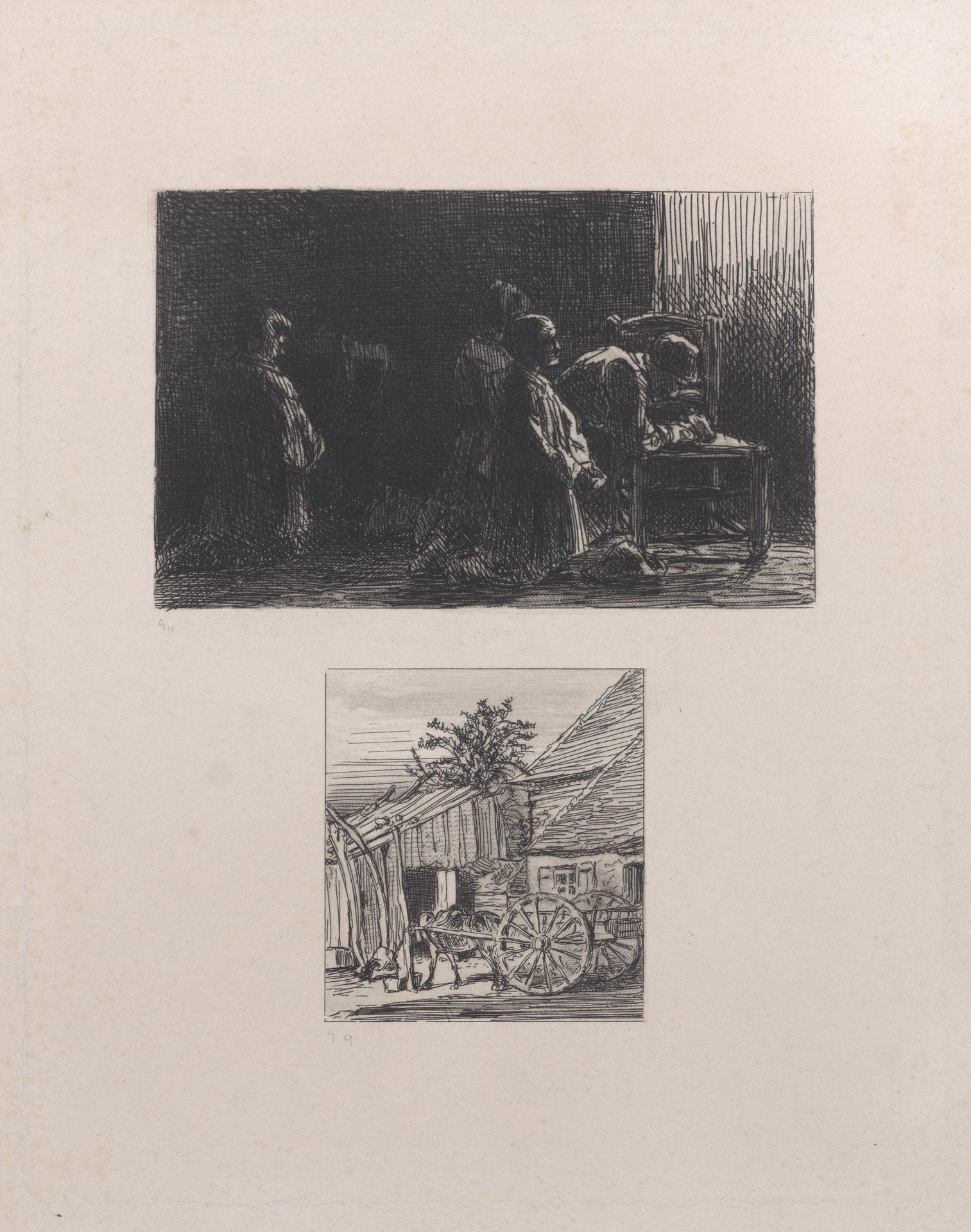 Prayer (upper); Cart in Front of a House (lower) by Charles Jacque