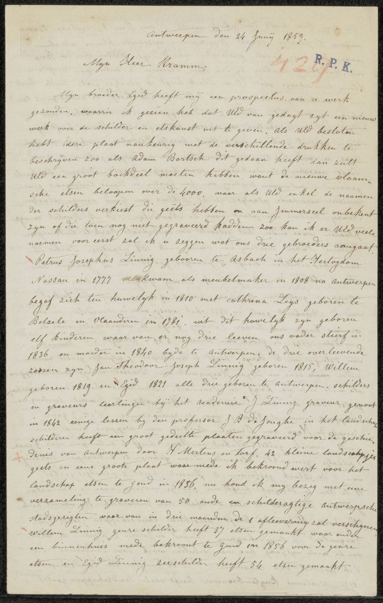 Brief aan Christiaan Kramm by Jean Théodore Joseph Linnig