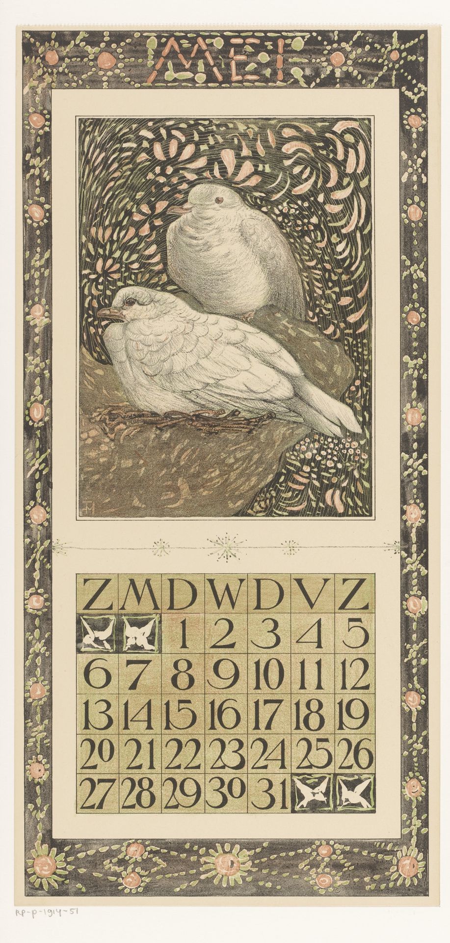 Kalenderblad mei met twee duiven by Theo van Hoytema