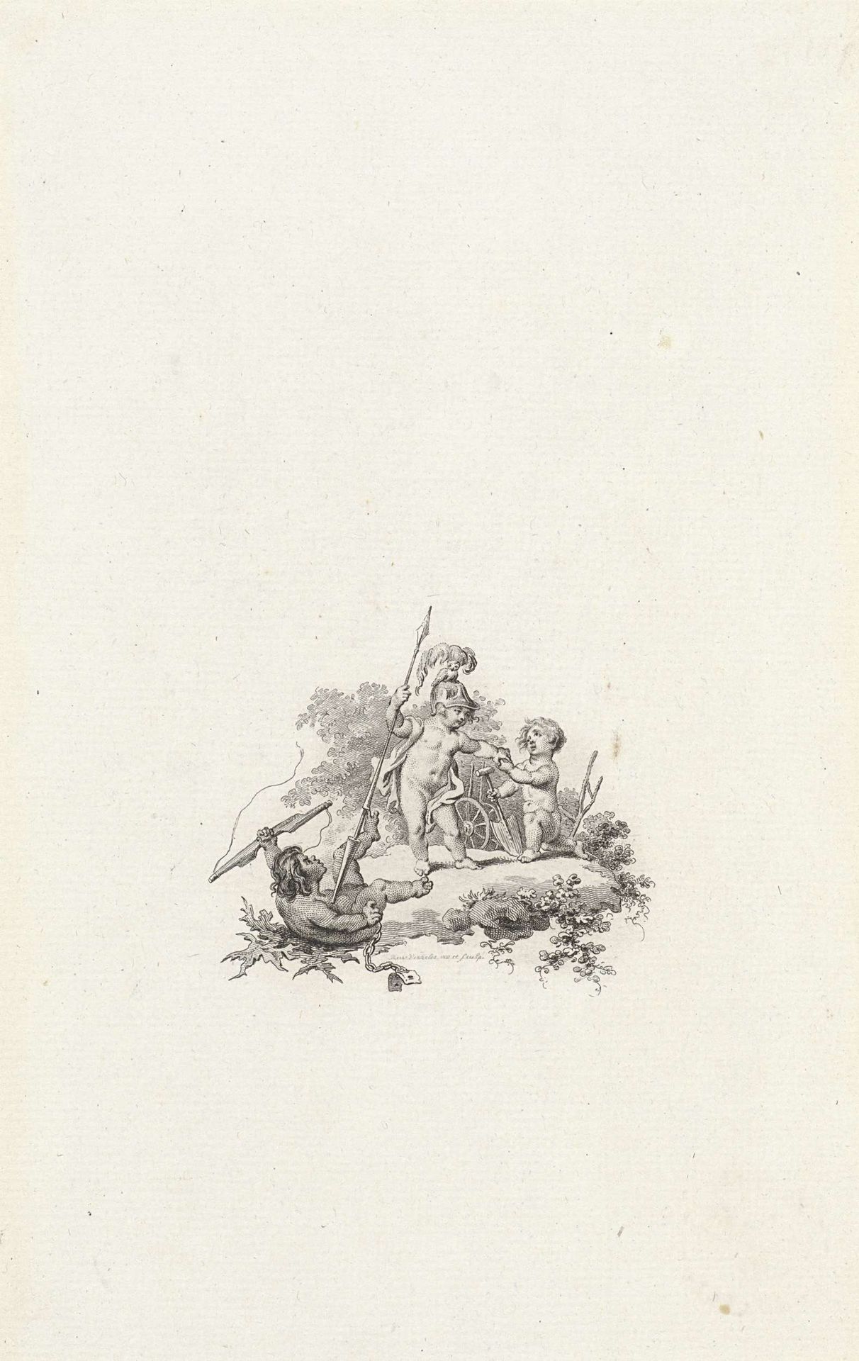 Vignet met drie putti met speer, juk en schep by Reinier Vinkeles
