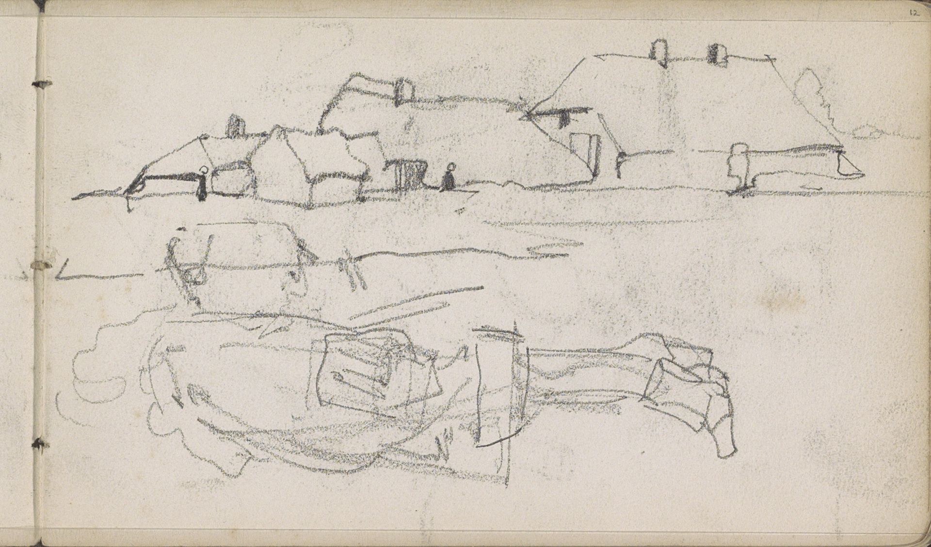 Boerderijen en een figuur in achttiende-eeuws kostuum by George Hendrik Breitner