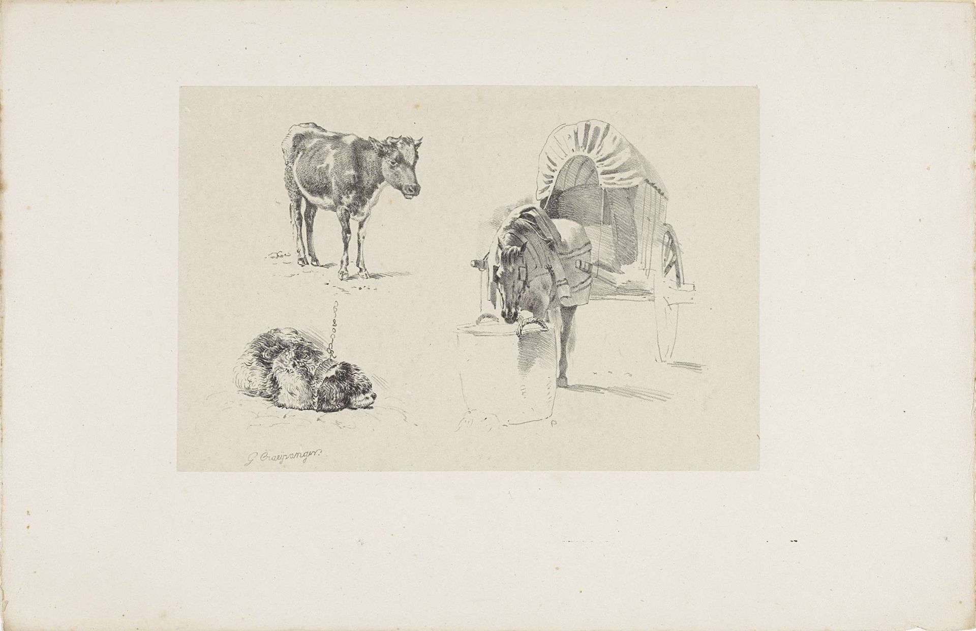 Een kalf, hond en paard met wagen by Gijsbertus Craeyvanger