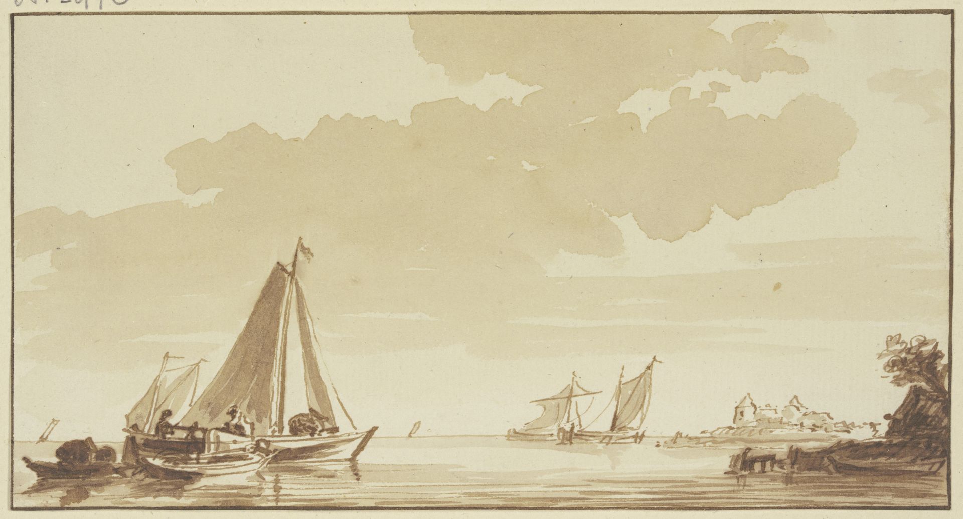 Fischerbarken bei ruhiger See, Strand mit Häusern by Hendrik Spilman
