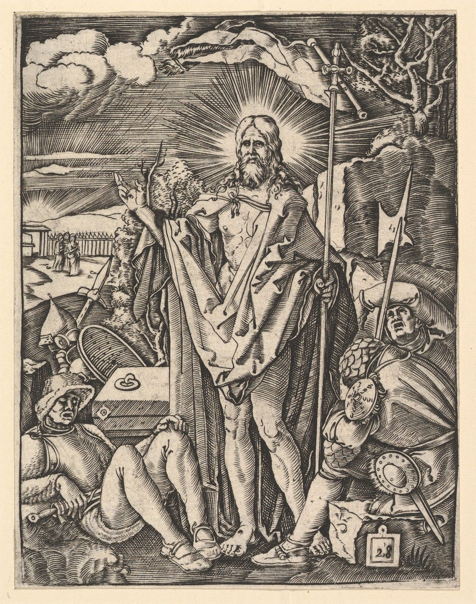 The Resurrection; Christ standing in front of closed tomb, holding a flag and giving a blessing, guards sleeping in the foreground, after Dürer by Marcantonio Raimondi