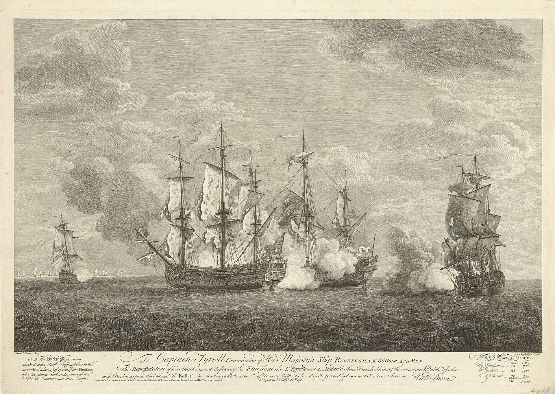 Aanval van een Engels schip op drie Franse schepen bij Sint Eustatius, 1758 by Pierre Charles Canot