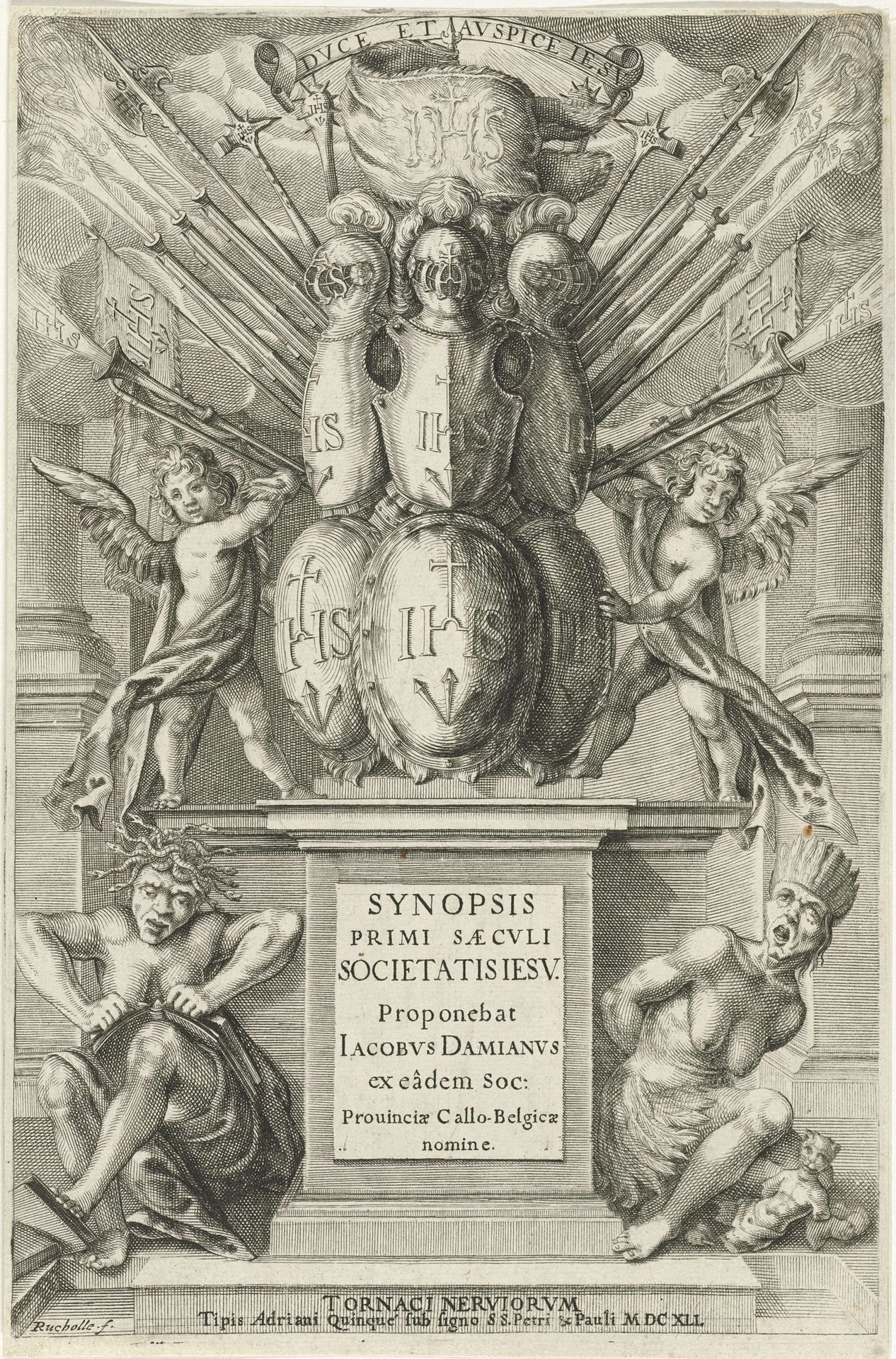 Sokkel met compositie van wapens by Petrus Rucholle