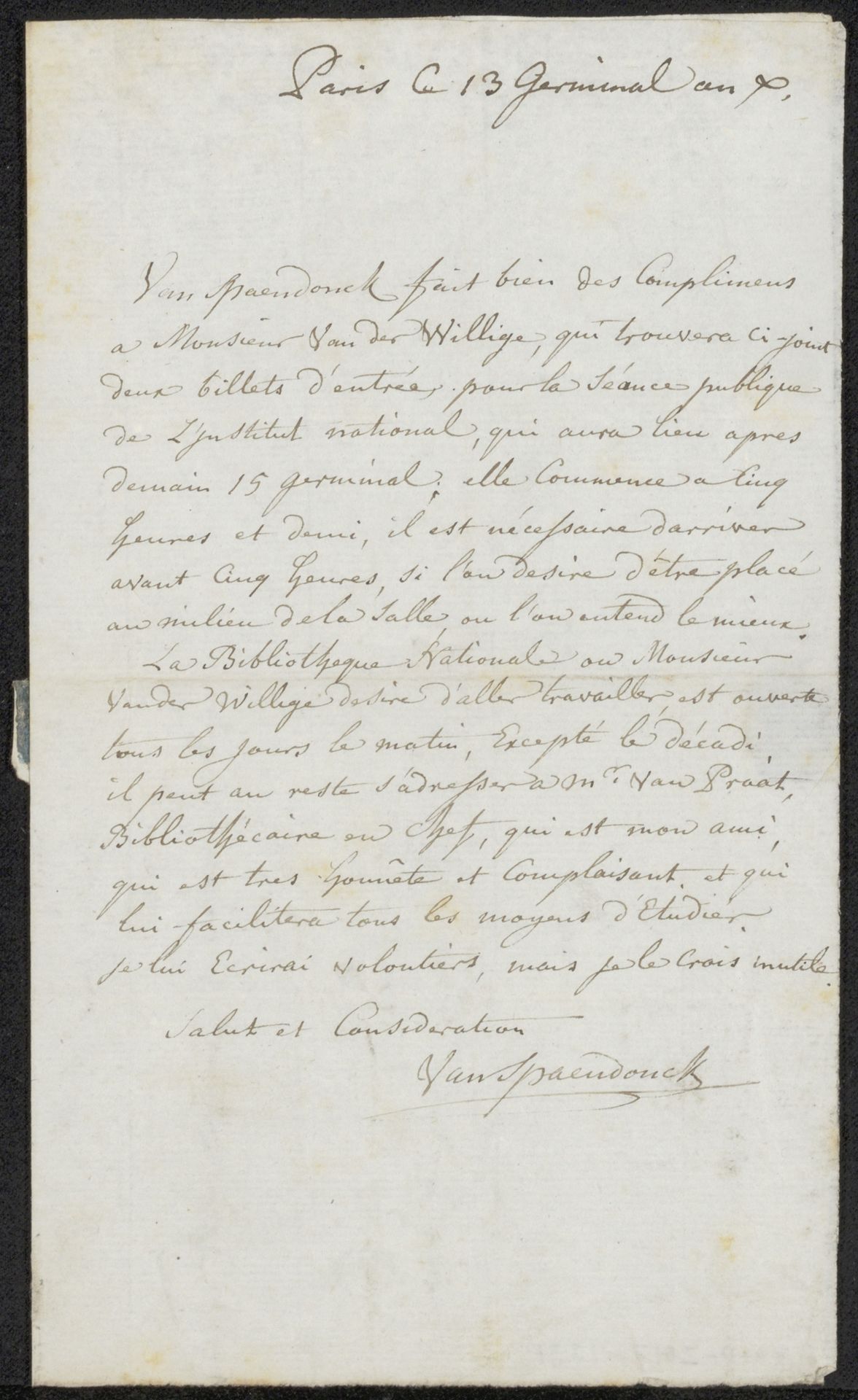 Brief aan Adriaan van der Willigen by Gerard van Spaendonck