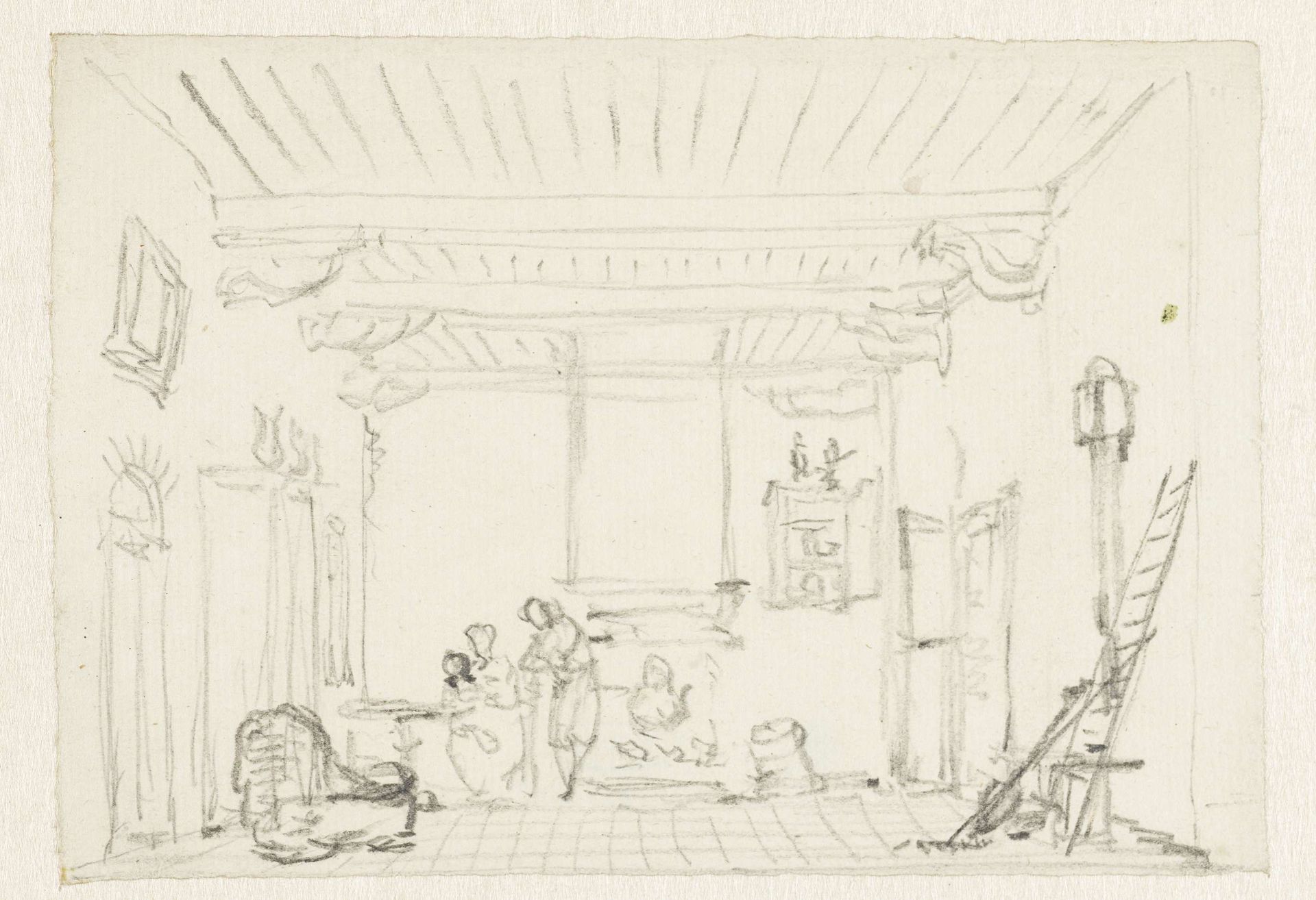 Interieur met ouders met kind bij haard by Pieter Bartholomeusz. Barbiers