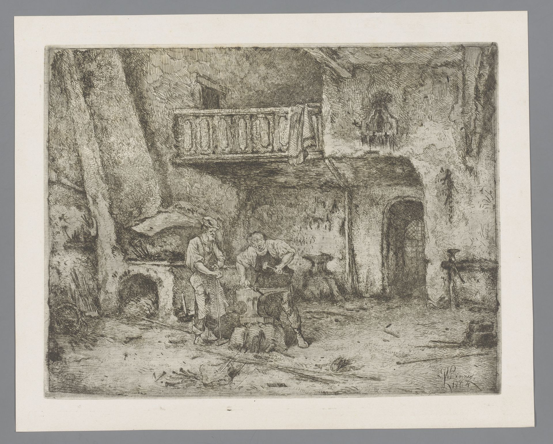 Twee mannen aan een aambeeld in de smidse by Willem (II) Linnig