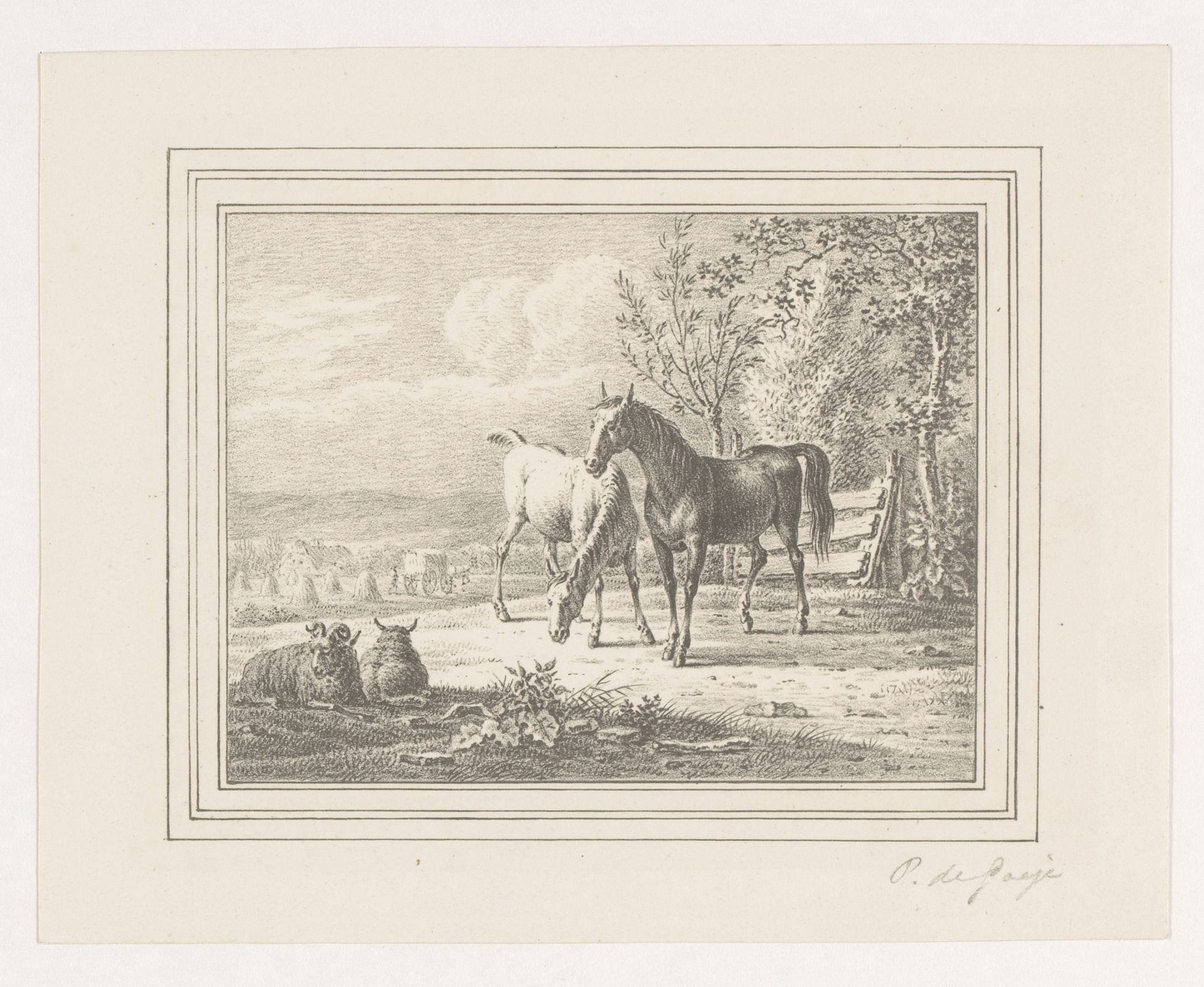 Twee paarden en twee schapen in een weide by Pieter de Goeje