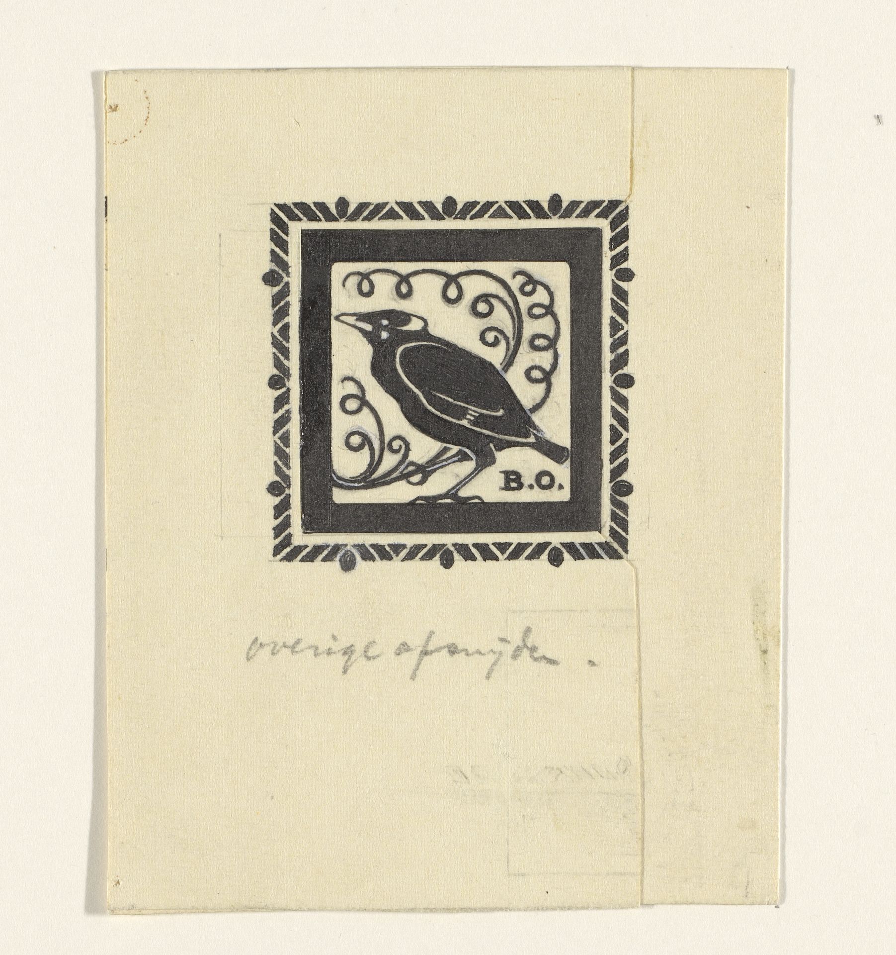 Ontwerp voor een ex libris met een vogel en de initialen B.O. by Julie de Graag