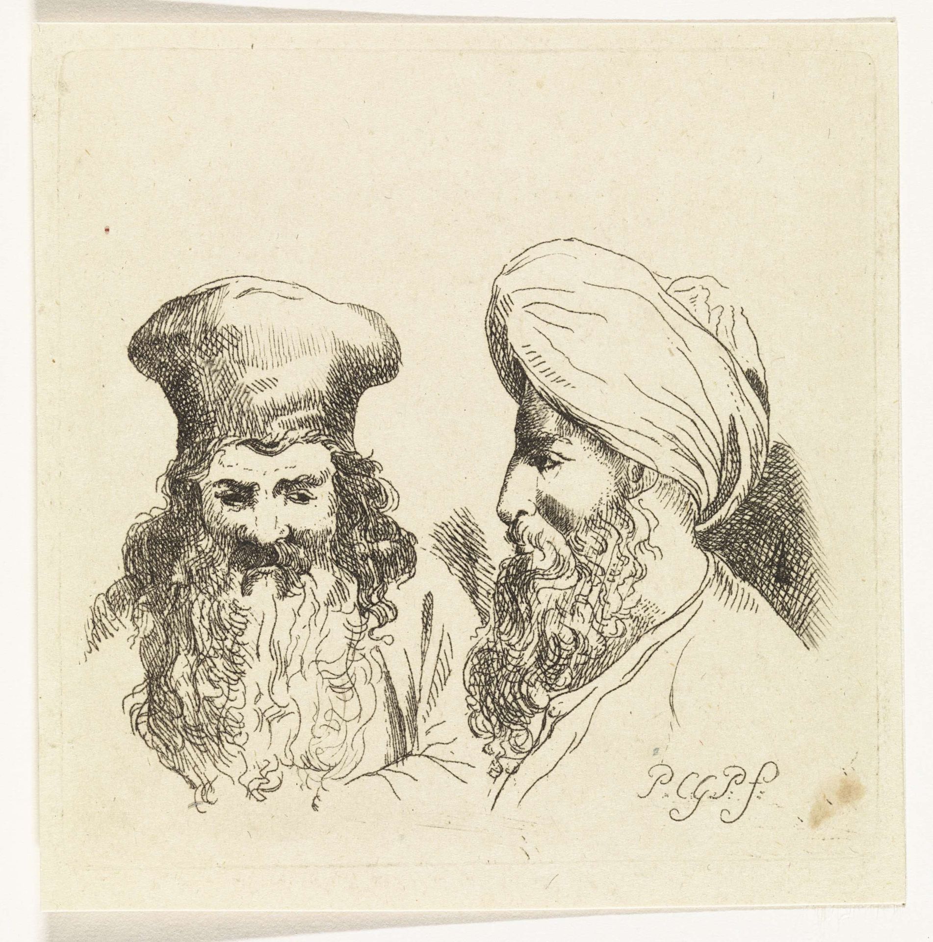 Twee mannenhoofden met tulband by Paulus Charles Gerard Poelman