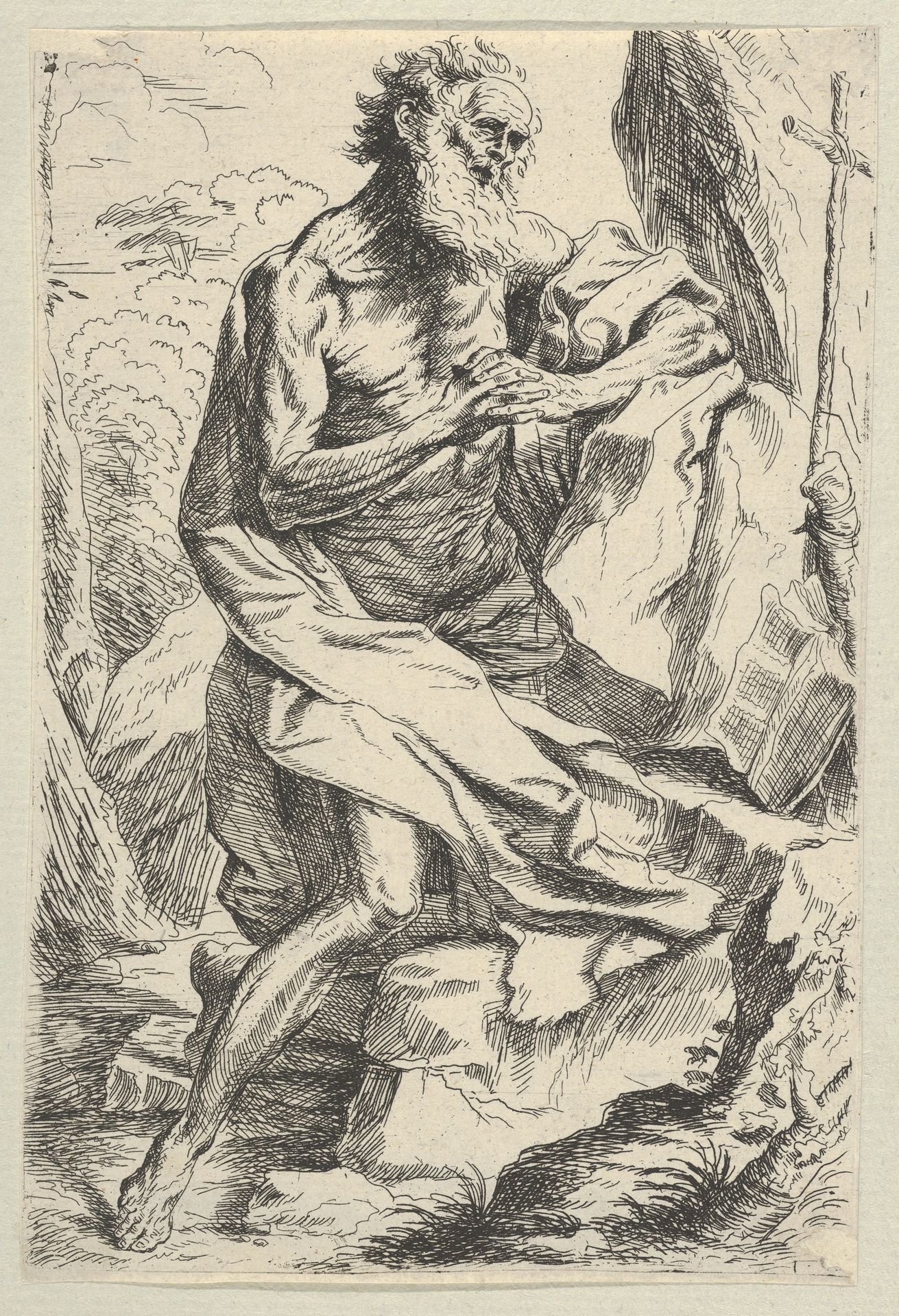 Saint Jerome kneeling on a rock in front of a cross and an open book facing right, after Reni by Anonymous