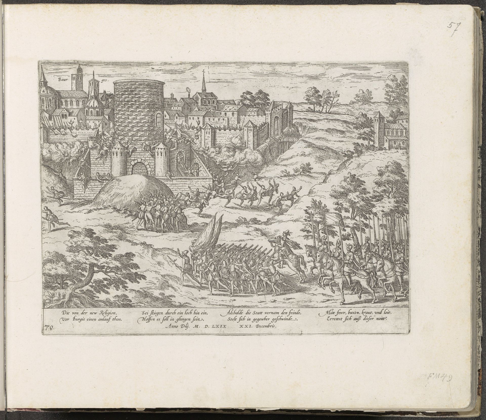 Aanslag door de hugenoten op Bourges verijdeld, 1569 by Frans Hogenberg