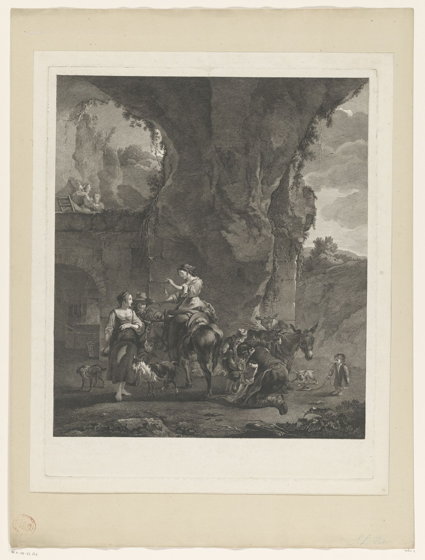 Reizigers met ezels en hoefsmid bij een smederij by Jean Jacques Le Veau