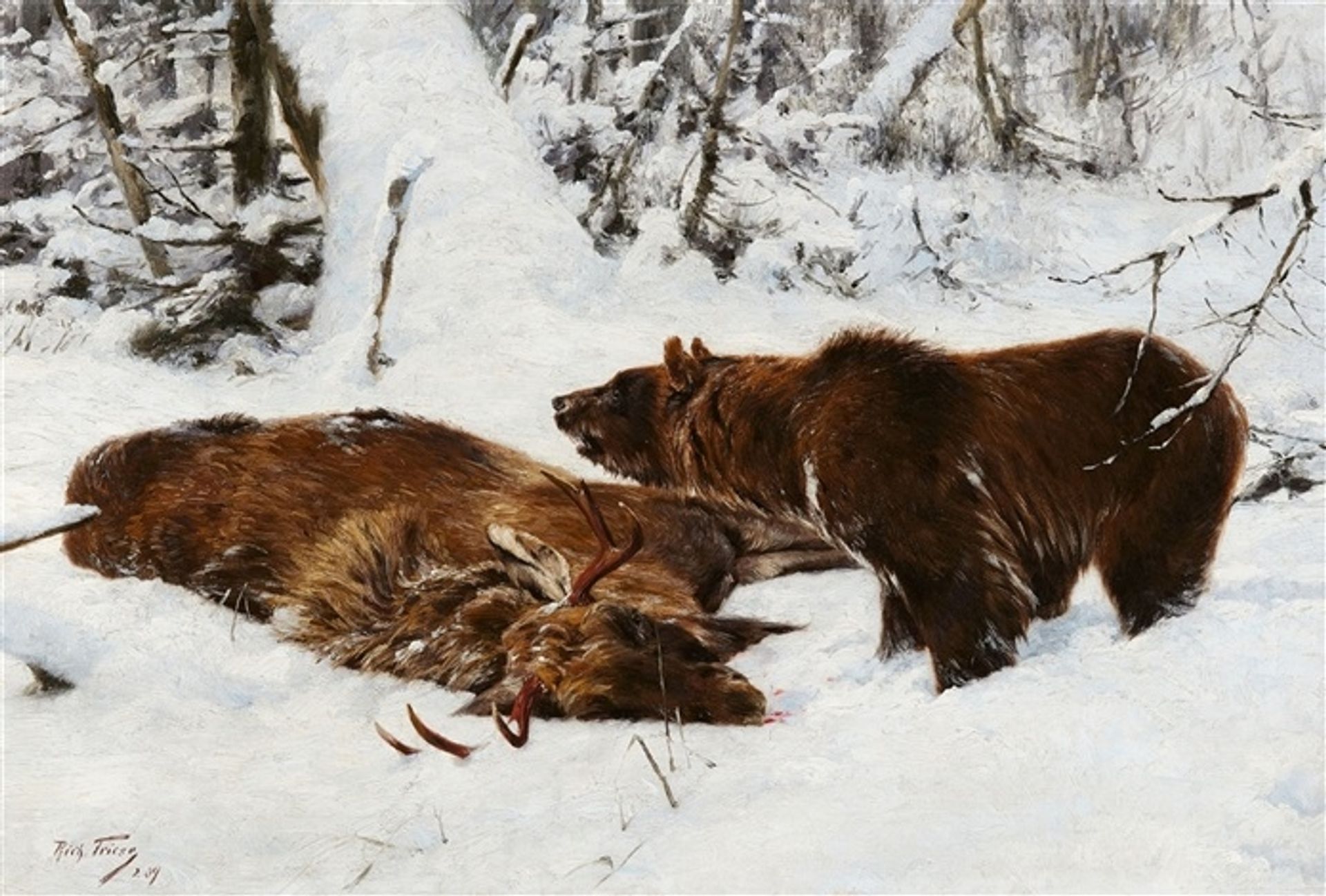 Norwegian Winter Landscape with an Elk and a Brown Bear by Richard Friese