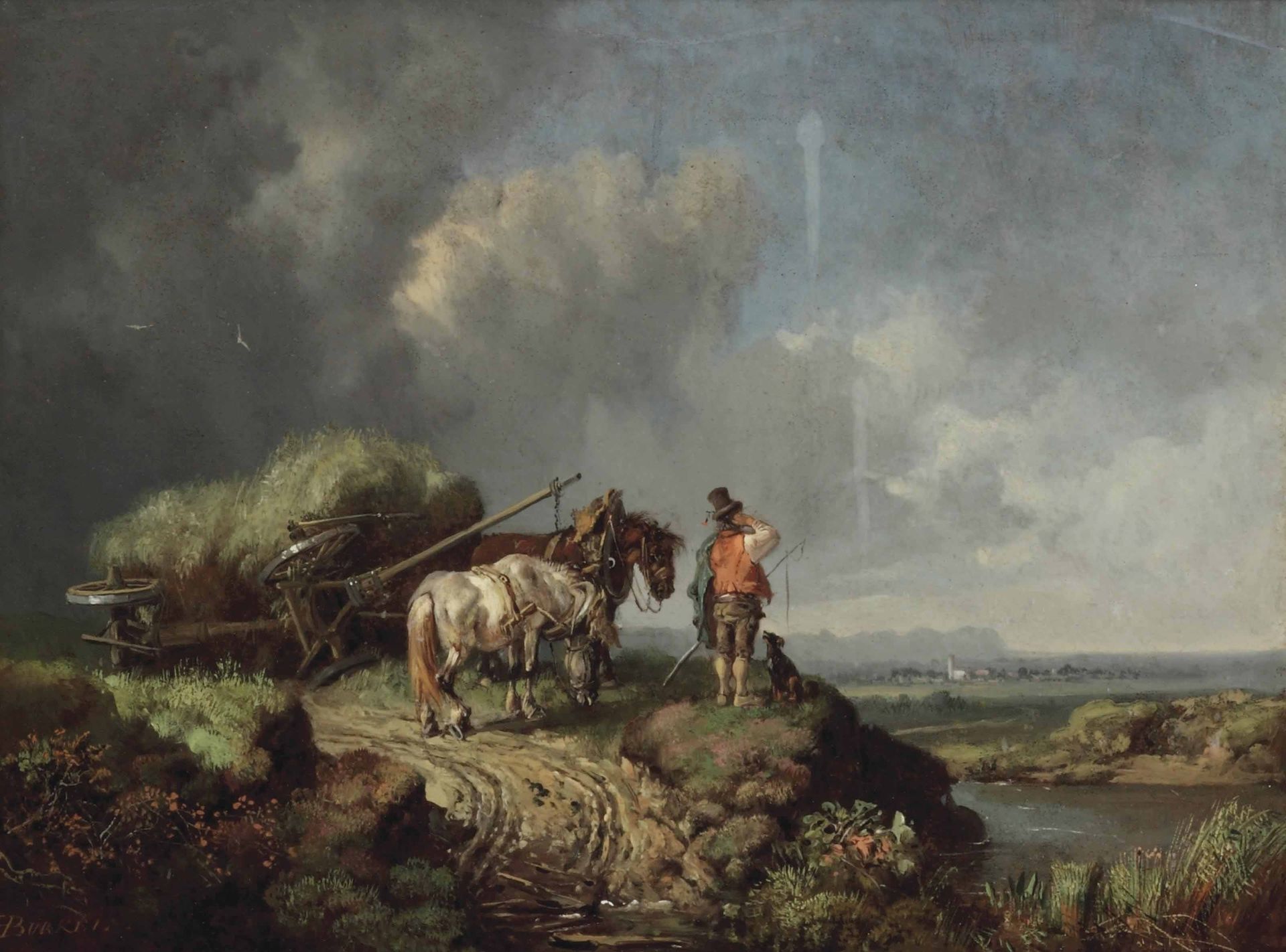 A Landscape with a Fallen Hay Wain by Heinrich Bürkel