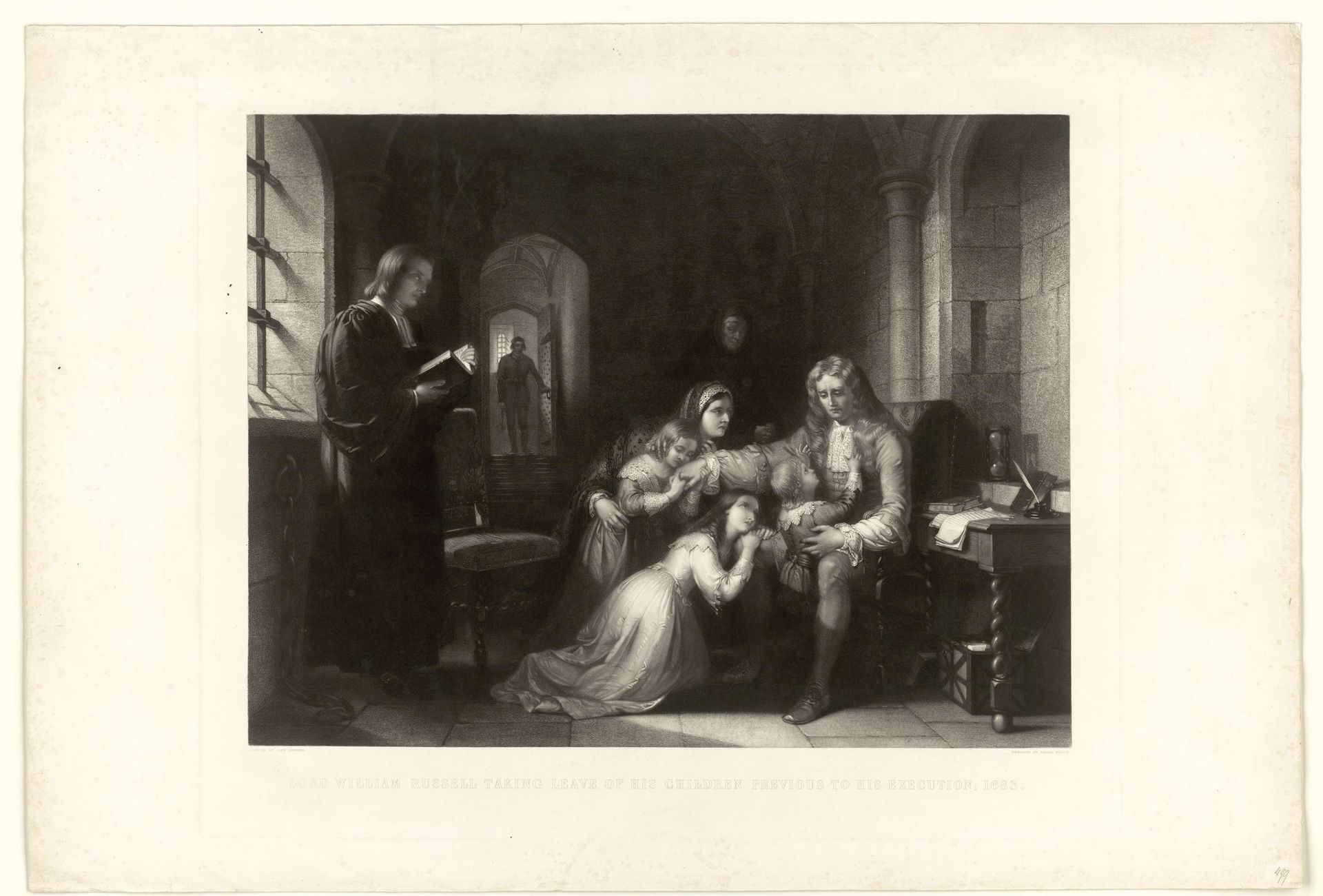William Russell neemt in de gevangenis afscheid van zijn gezin. Naar Joh. Bridges by Samuel Bellin