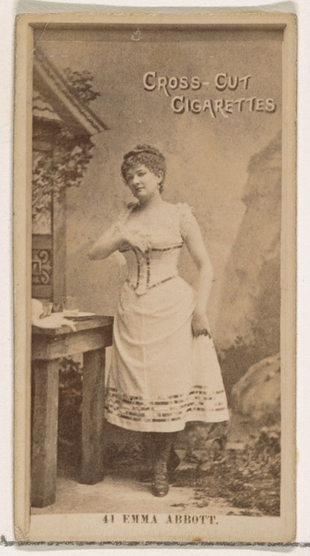 Card Number 41, Emma Abbott, from the Actors and Actresses series (N145-2) issued by Duke Sons & Co. to promote Cross Cut Cigarettes by W. Duke, Sons & Co.