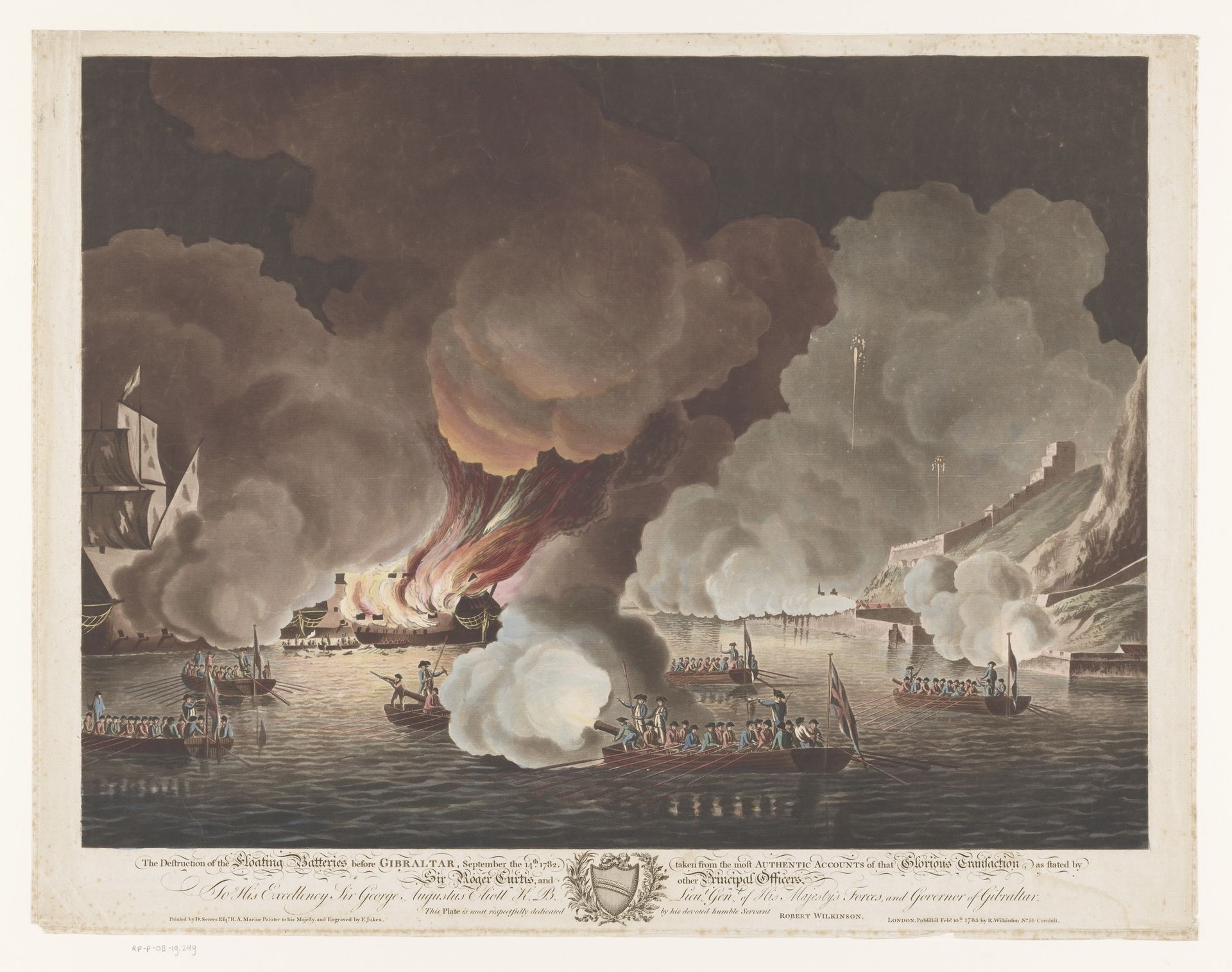 Vernietigen van schepen voor Gibraltar, 14 september 1782 by Francis Jukes