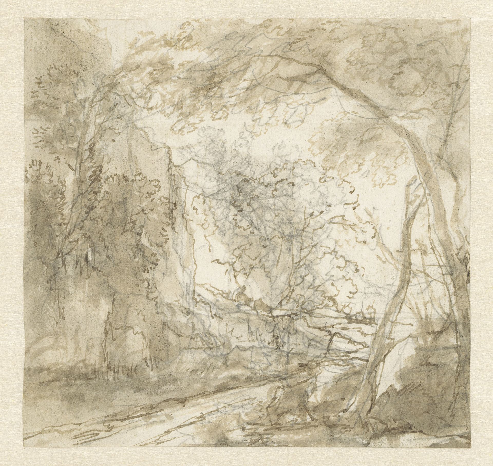 Landschap met weg tussen bomen by Herman van Swanevelt