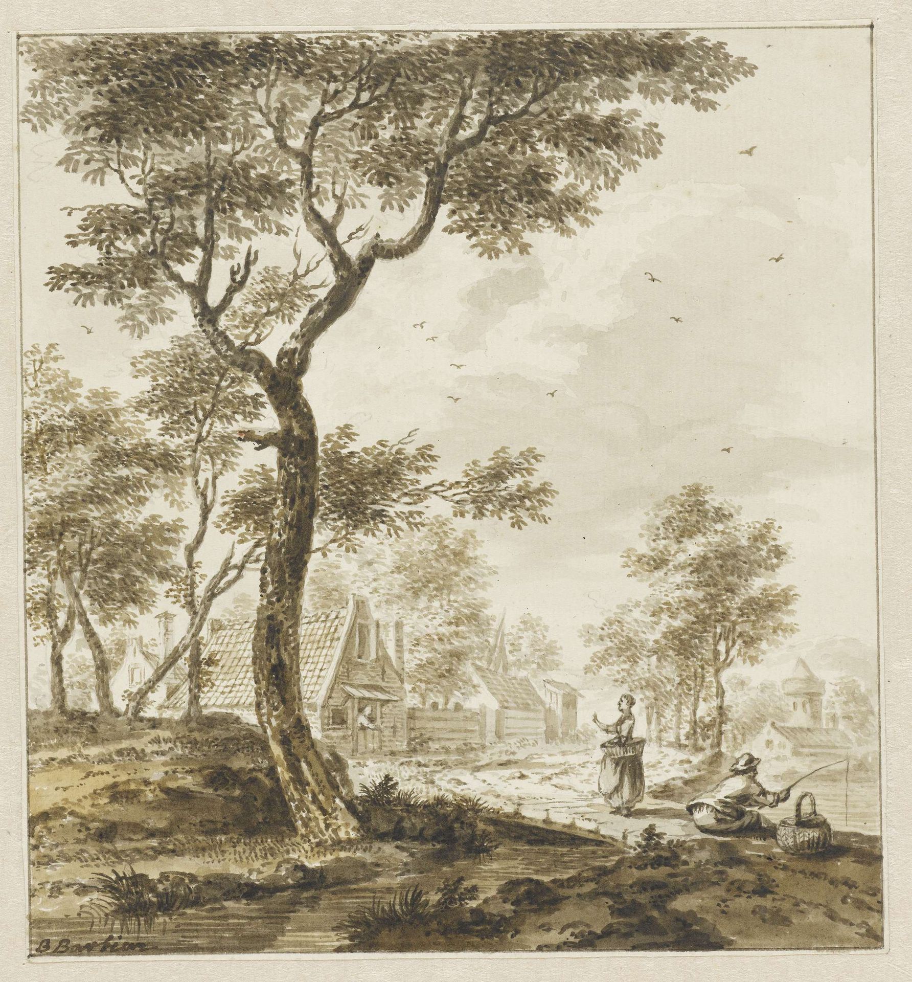 Landschap met figuren en rechts een hengelaar by Bartholomeus Barbiers