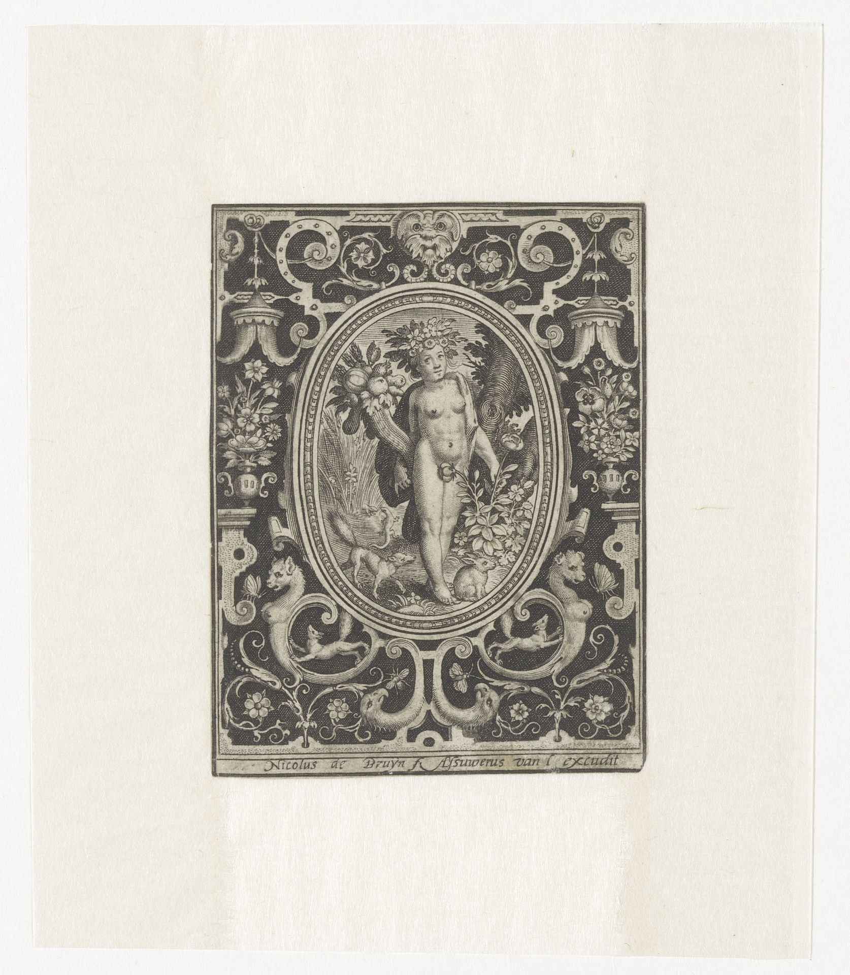 Element aarde als jonge vrouw met hoorn des overvloeds en rozenstruik in omlijsting met ornamenten by Nicolaes de Bruyn