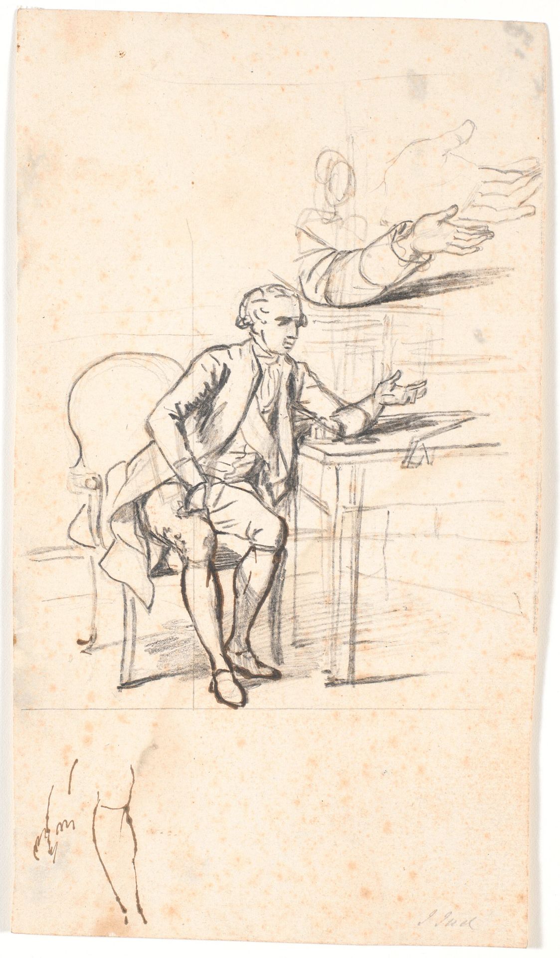 Studie til det holmskioldske familiebillede fra 1787: geheimeråd. Theodor Holmskiold sidden ved et bord by Jens Juel