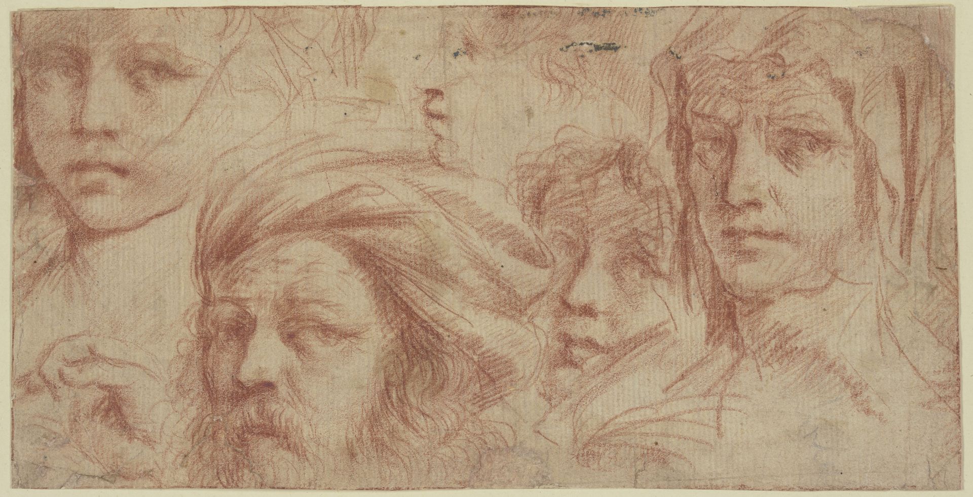 Fünf verschiedene Köpfe, einer davon mit Turban, vier davon den Blick nach rechts gerichtet by Guercino (Giovanni Francesco Barbieri)