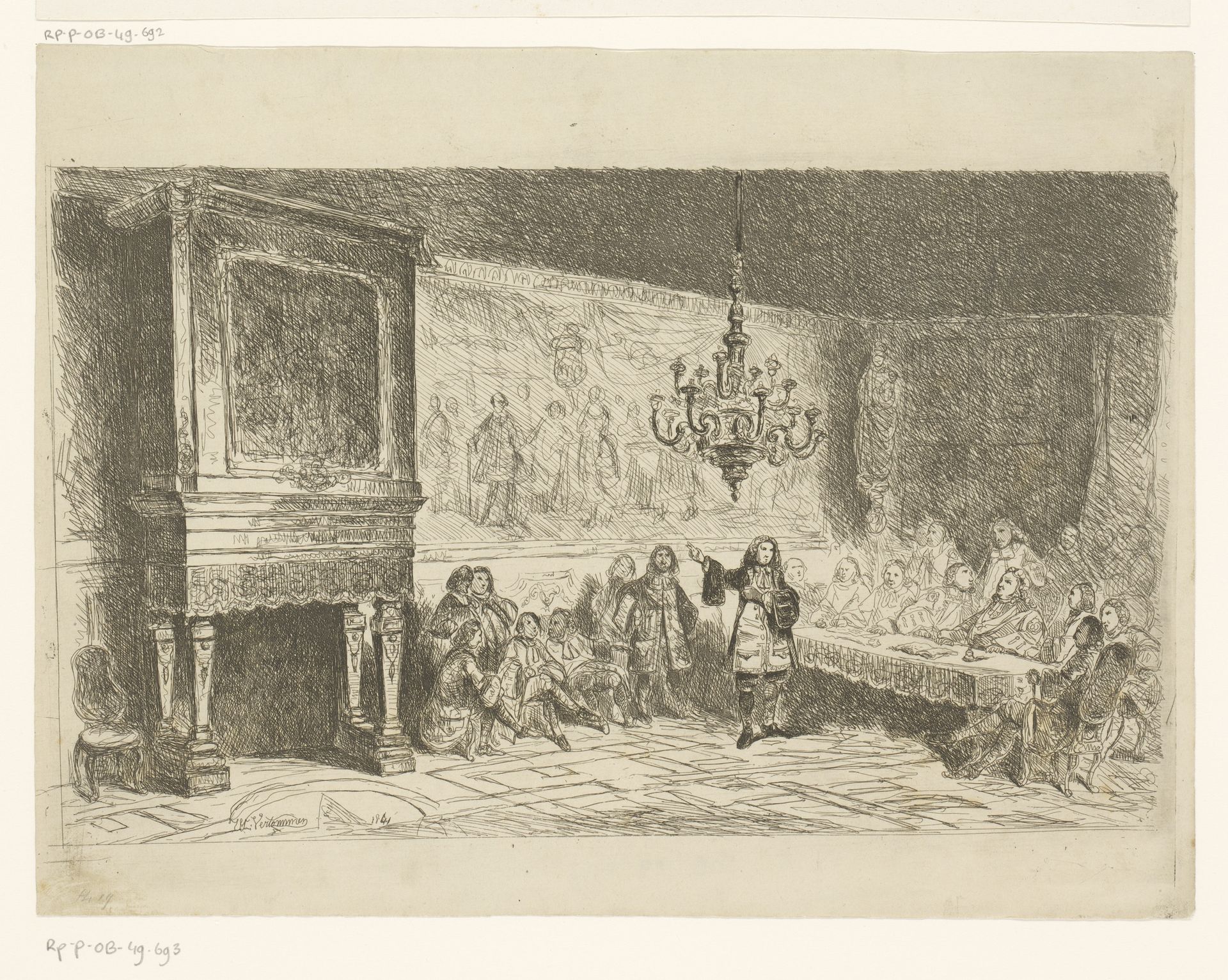 Grote zaal met een groep mannen in beraad by Guillaume Joseph Vertommen