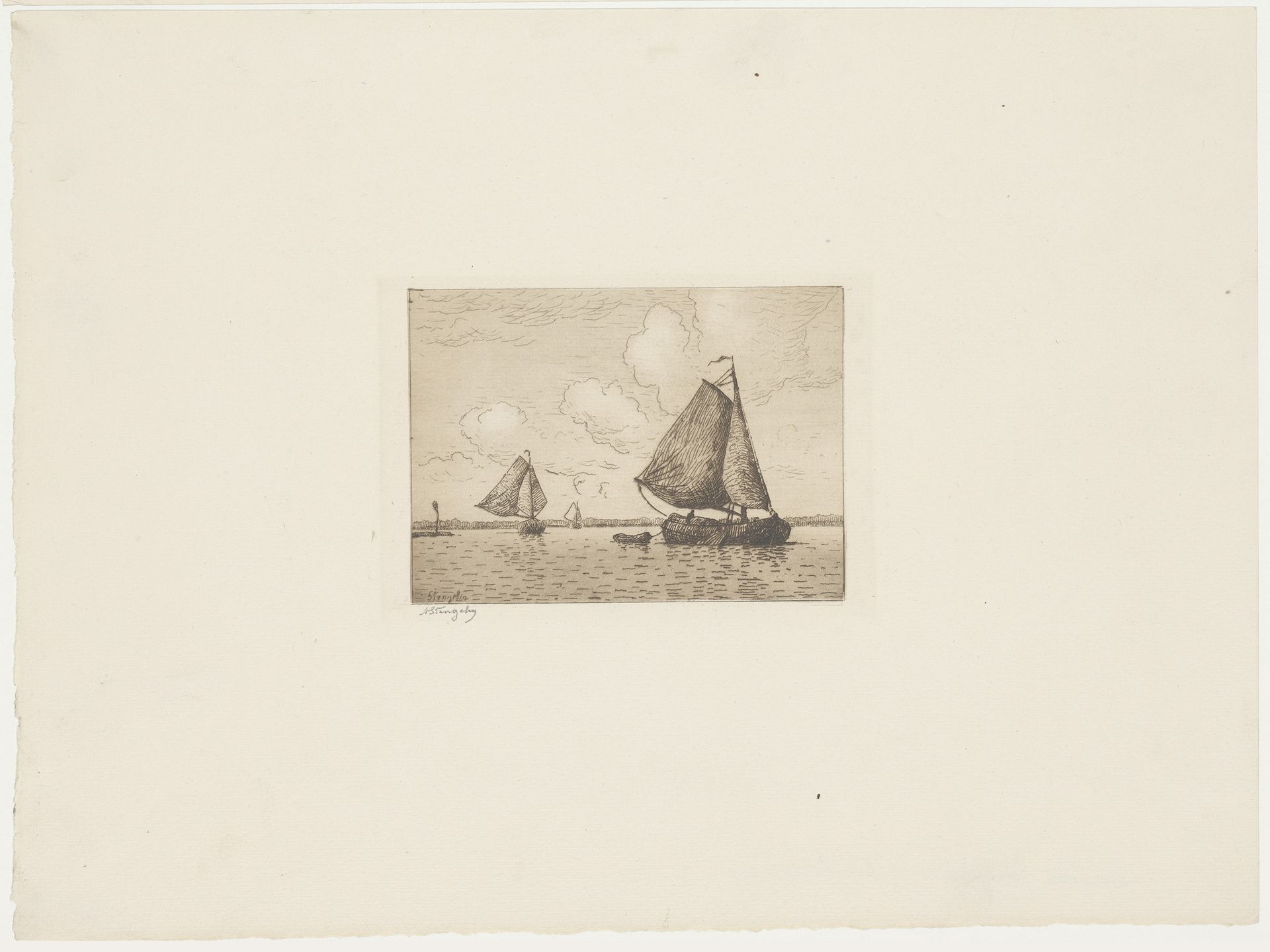 Gezicht op water met zeilboten by Alphonse Stengelin