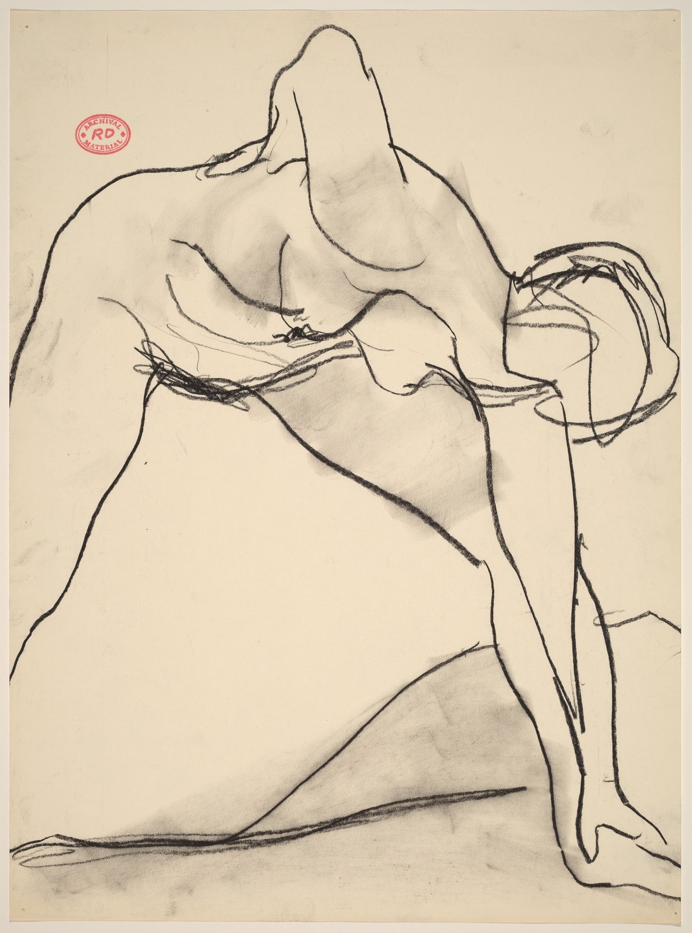 Untitled [female nude reaching down with left hand to grasp her foot] by Richard Diebenkorn