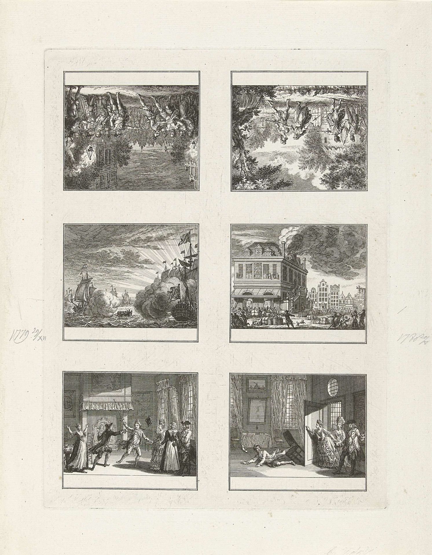 Onversneden vel met zes voorstellingen waarvan twee van historische gebeurtenissen uit 1779-1780 by Cornelis Brouwer