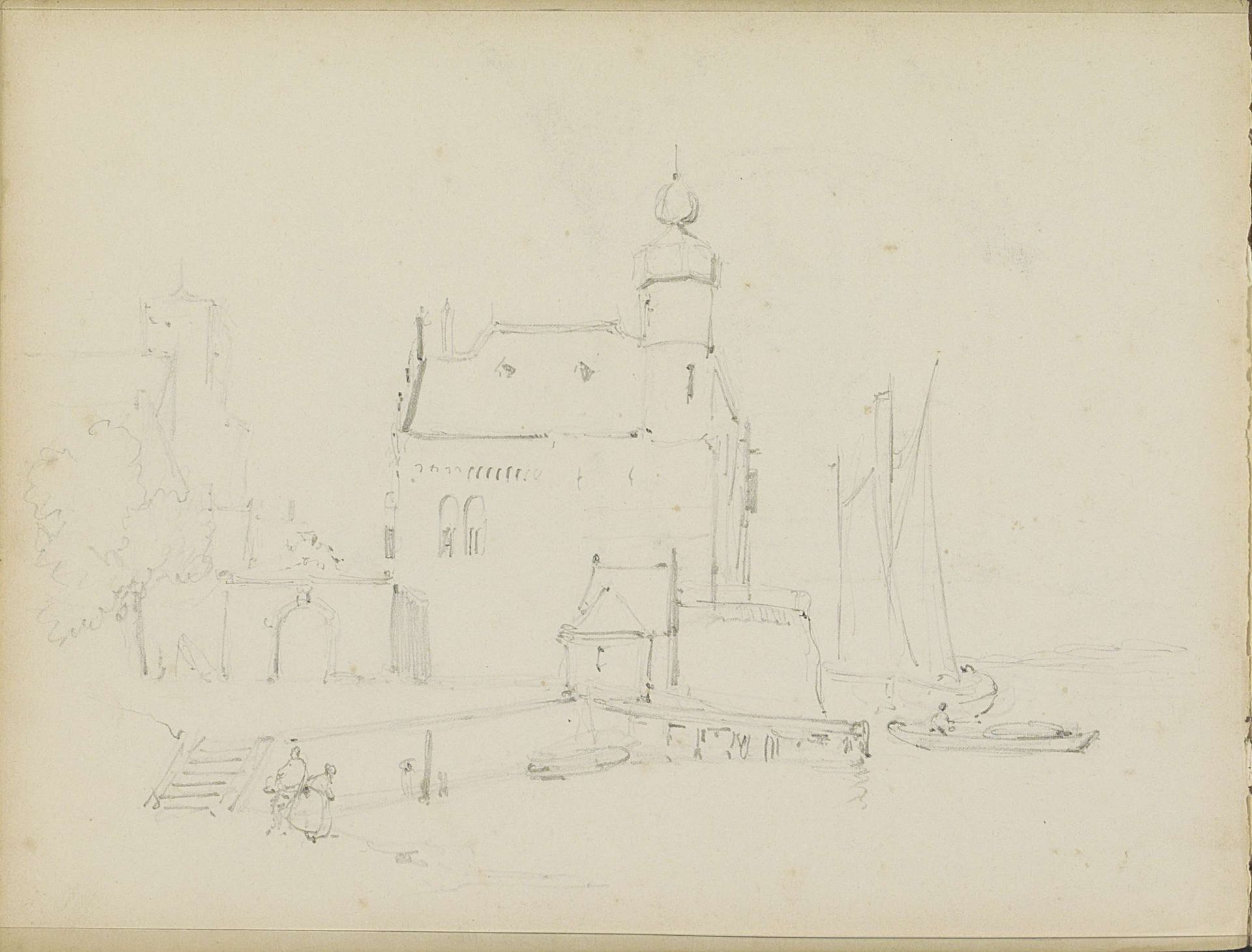 Gezicht op gebouwen aan het water by Adrianus Eversen