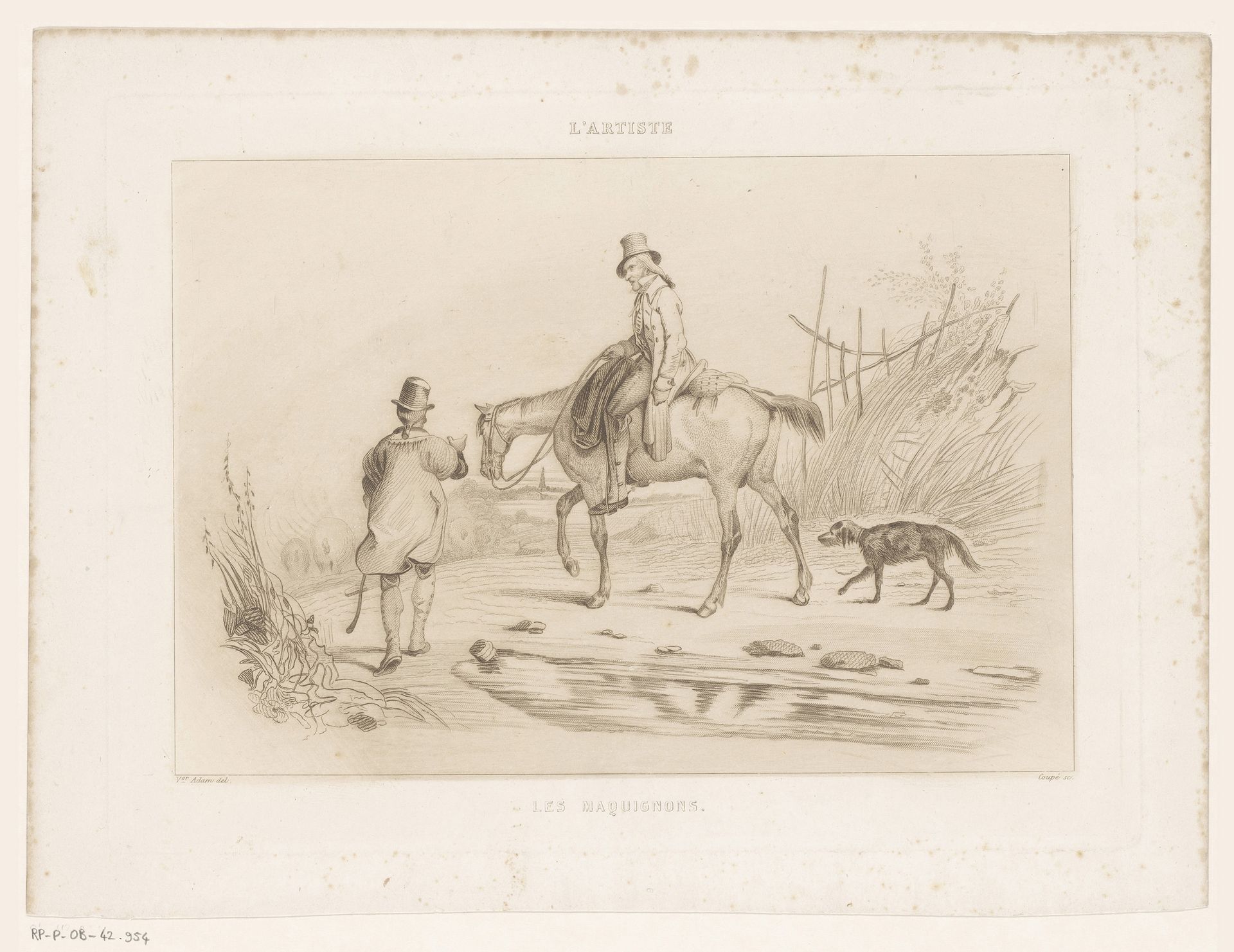 Ruiter te paard en man met hond by Antoine Jean Baptiste Coupé