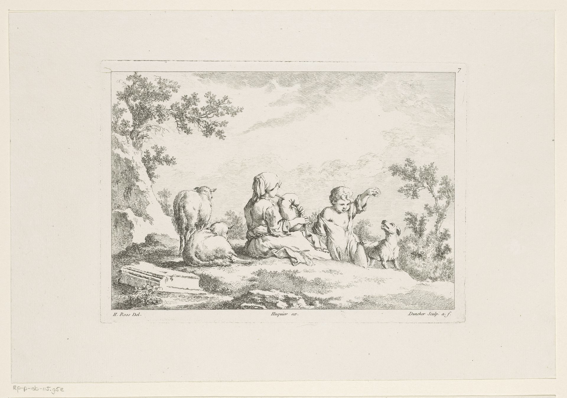 Vrouw met doedelzak en dansend kind omringd door schapen en een hond by Balthasar Anton Dunker