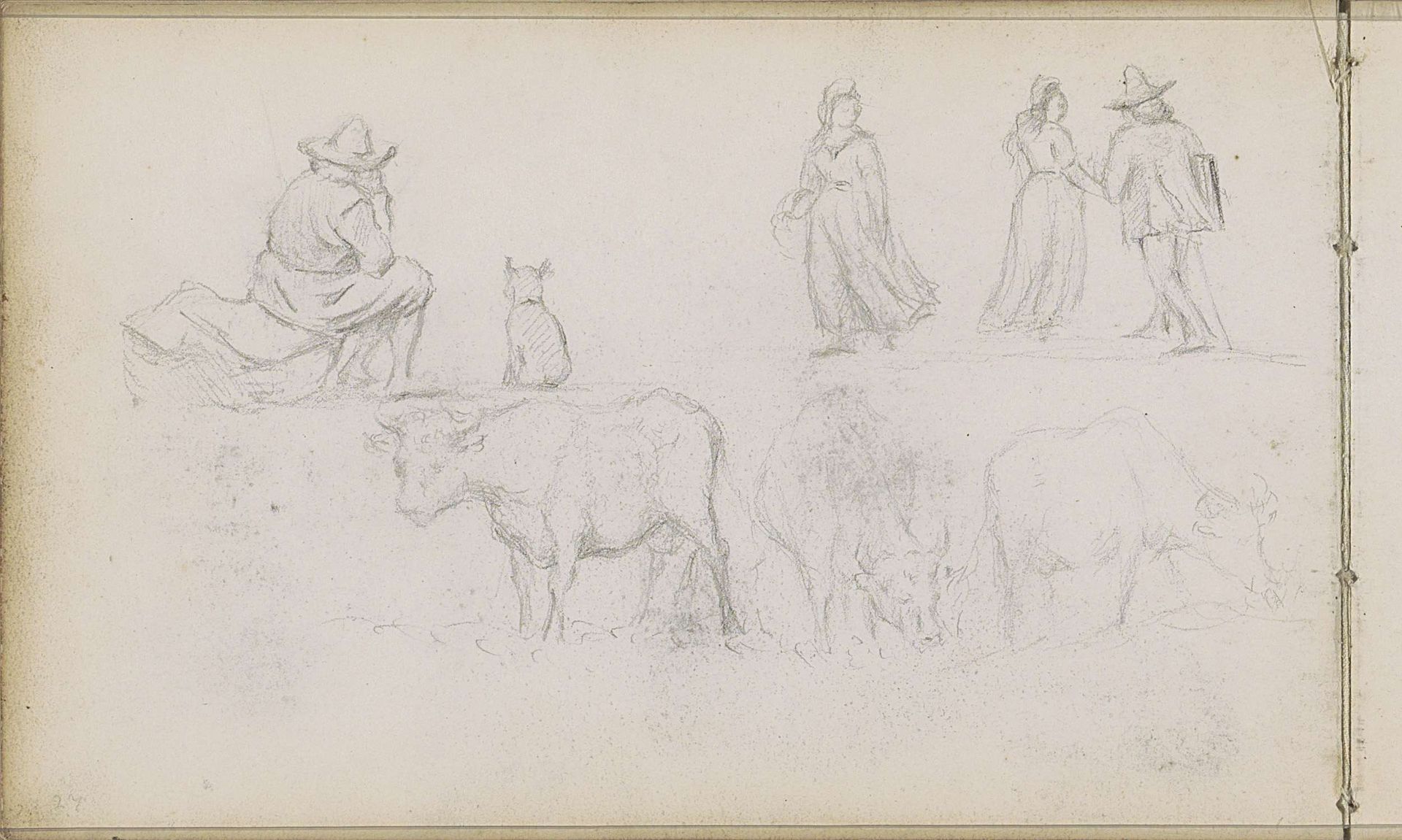 Studieblad, onder andere met grazende koeien en figuren by Willem Cornelis Rip