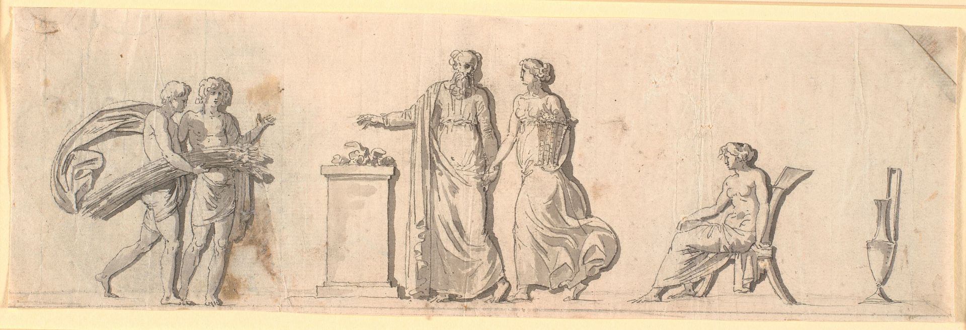 Udkast til dekoration af et felt, formodentlig en malet træplade på et møbel. Antikke figurer med blomsterkurve og neg ved et alter by Nicolai Abildgaard