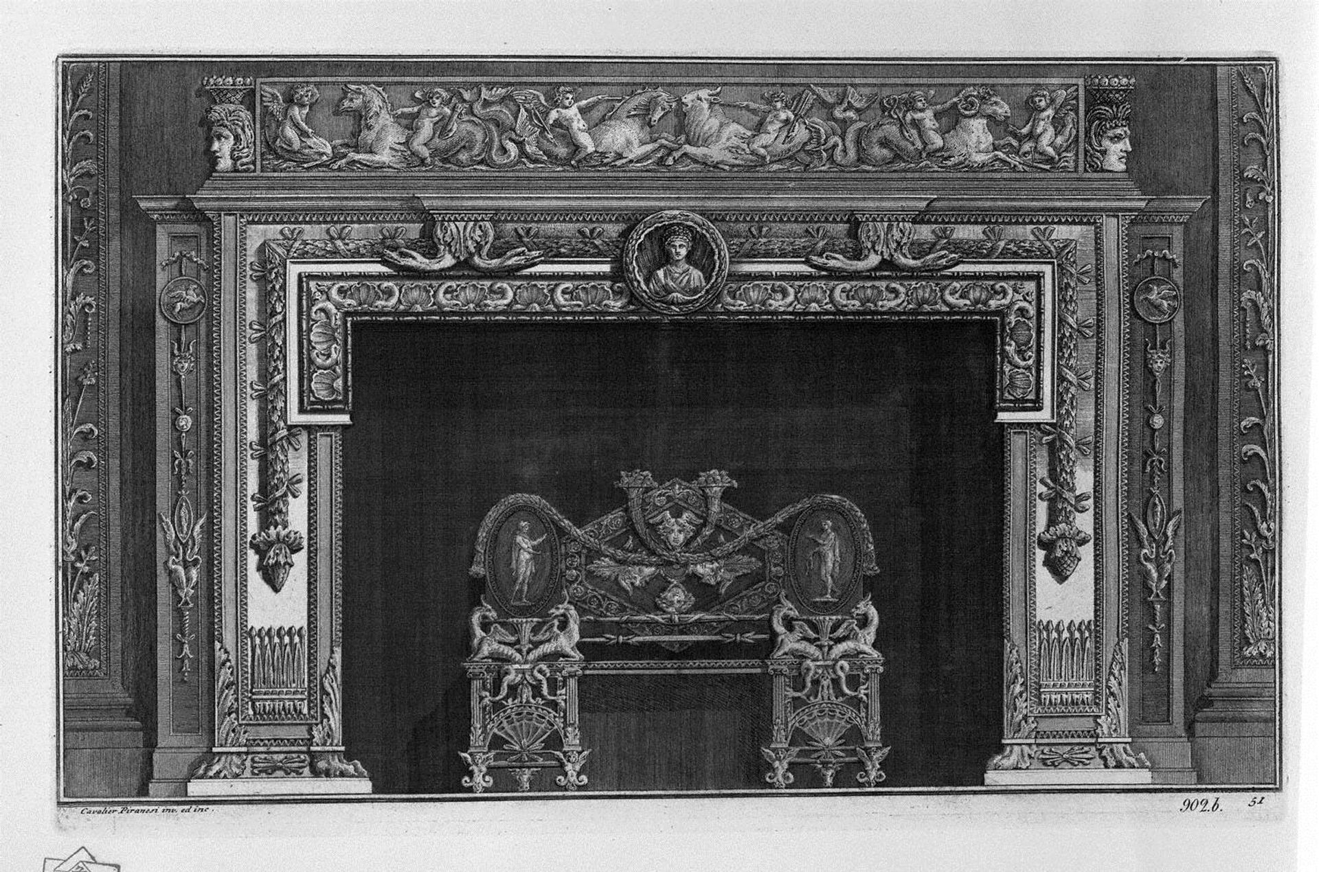 Fireplace that has a second floor on the frieze of putti cavalcanti dolphins and sea monsters, a rich interior wing by Giovanni Battista Piranesi