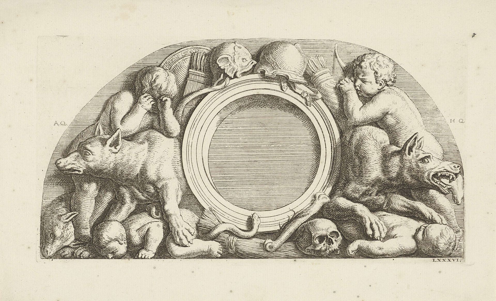 Lunette met putti, wolven en wapenuitrusting in de westelijke galerij van het Stadhuis op de Dam by Hubert Quellinus