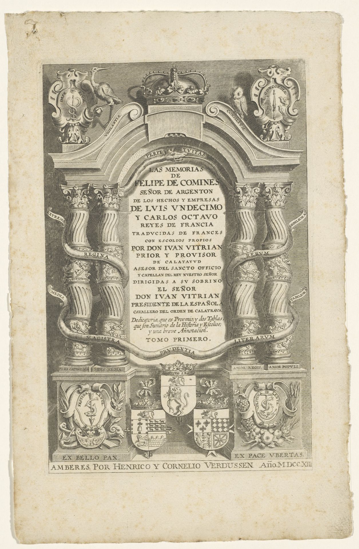 Titelpagina voor: Las Memorias de Felipe de Comines senor de Argenton (...) tomo primero, Amberes [Antwerpen]: Henrico y Cornelio Verdussen, 1713 by Anonymous