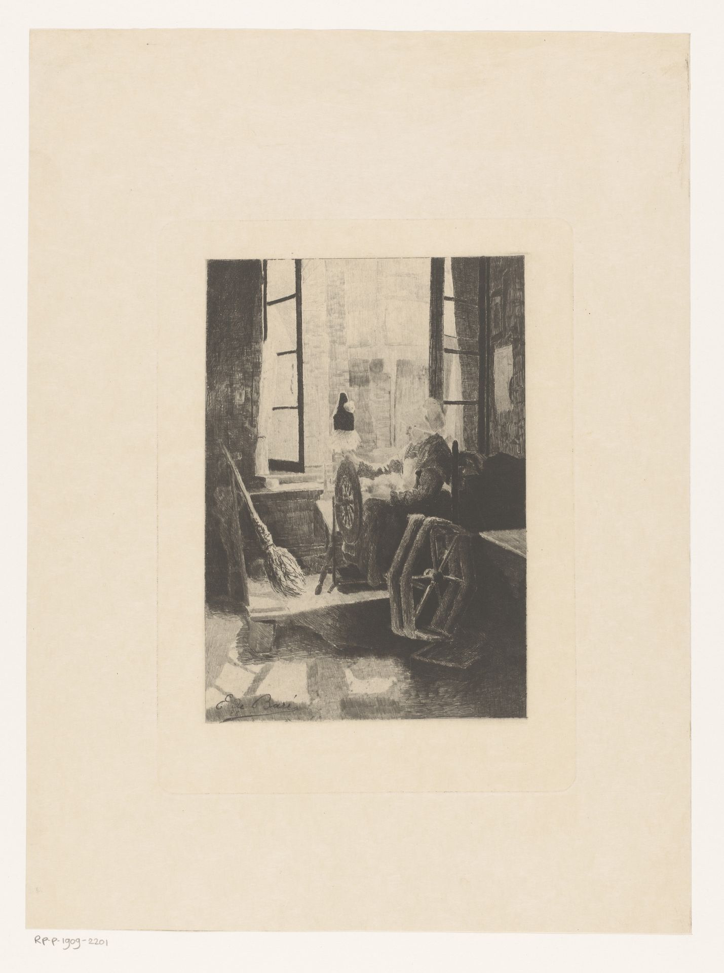Vrouw aan een spinnewiel bij een open raam by Emile de Baré