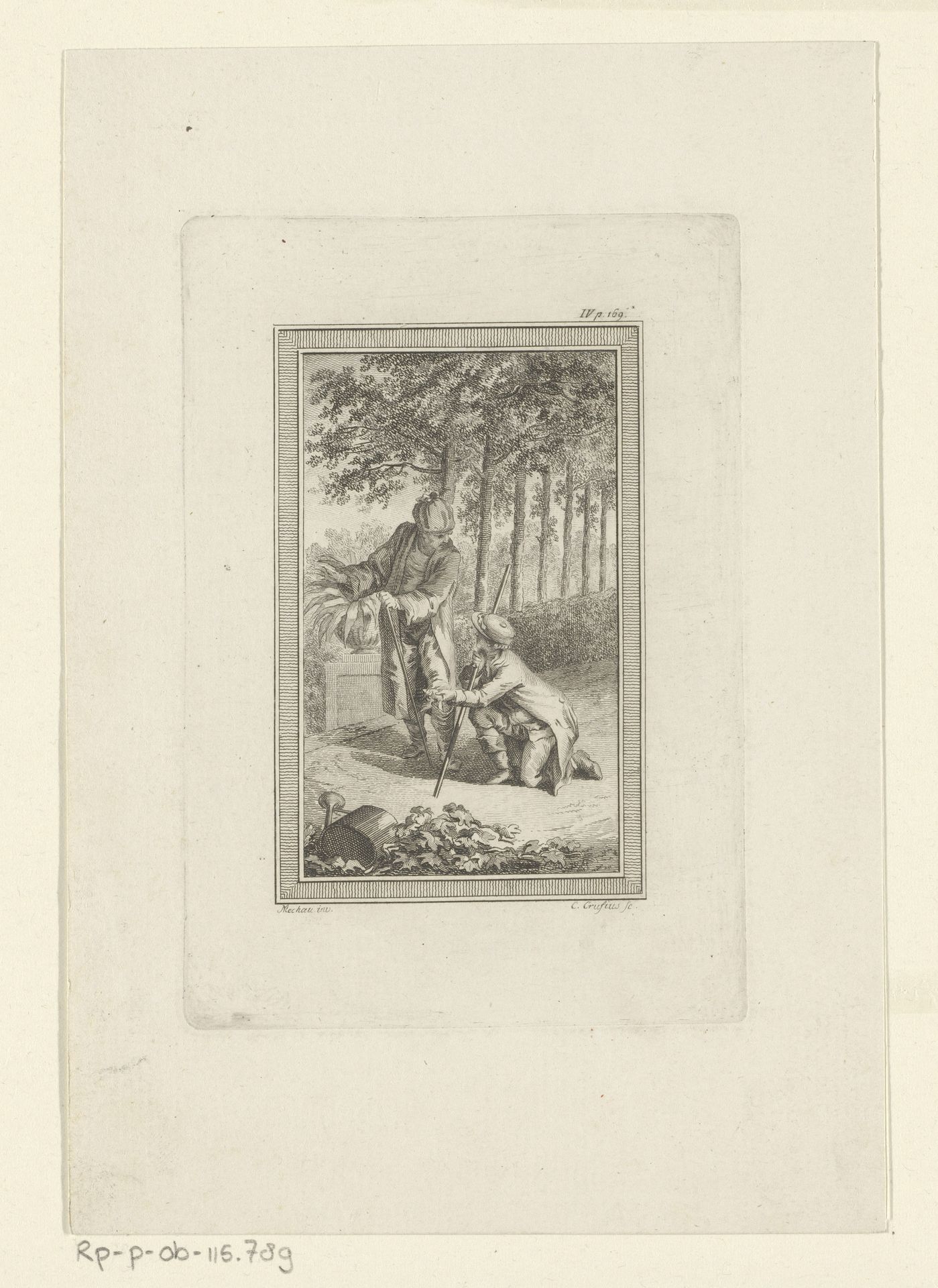 Twee mannen in een tuin, een op zijn knieën met een dood vogeltje in de hand by Carl Leberecht Crusius