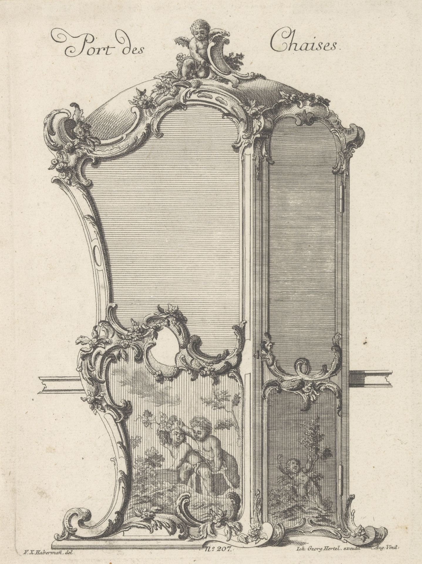 Draagkoets met putto by Johann Georg Hertel
