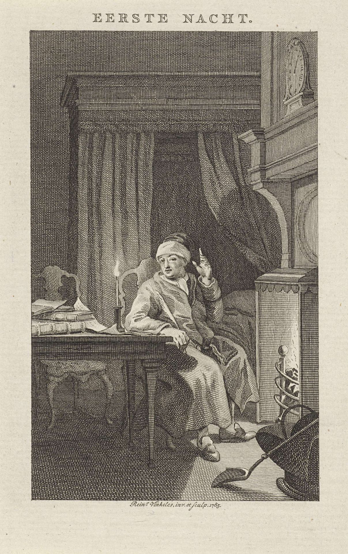 Man met een slaapmuts zit naast zijn bed bij de haard by Reinier Vinkeles
