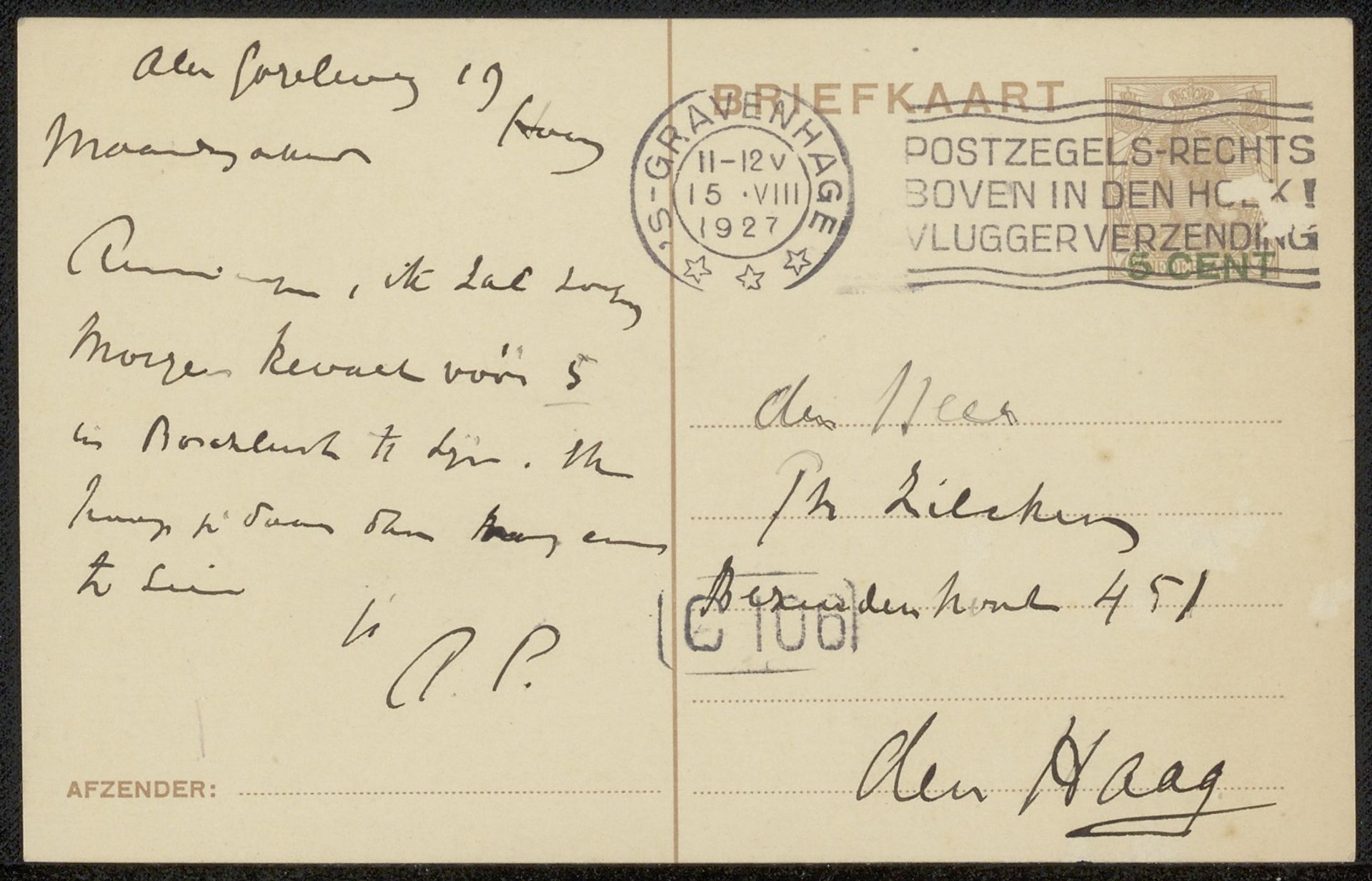 Briefkaart aan Philip Zilcken by Adriaan Pit