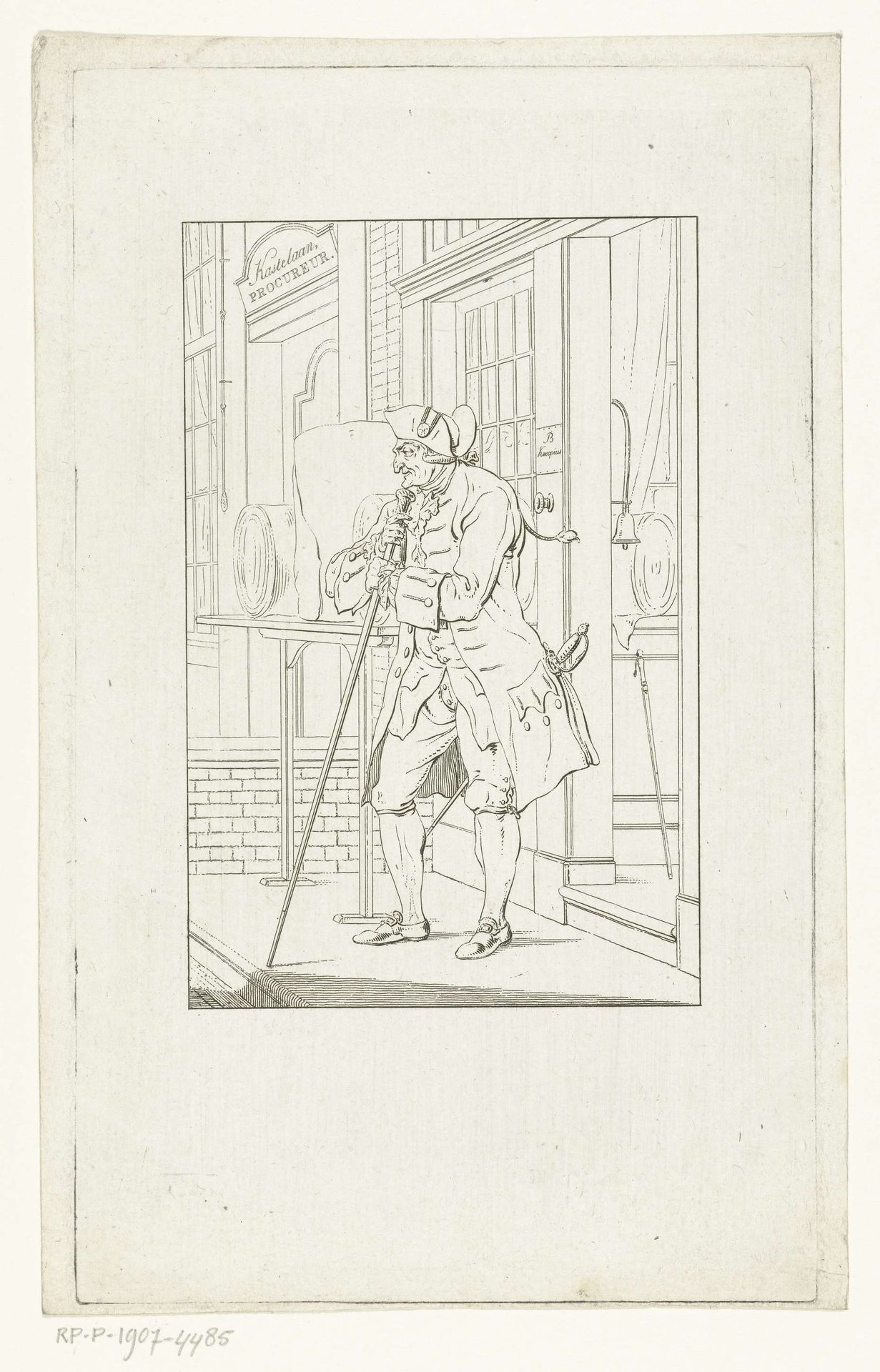 Kleermaker Balthazar Knoopius staat voor zijn winkel by Johannes Christiaan Bendorp