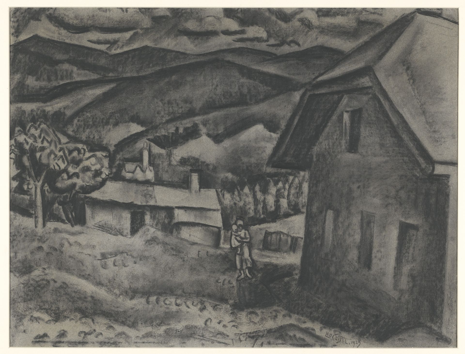 Landschap met vrouw met kind voor een huis by Leo Gestel