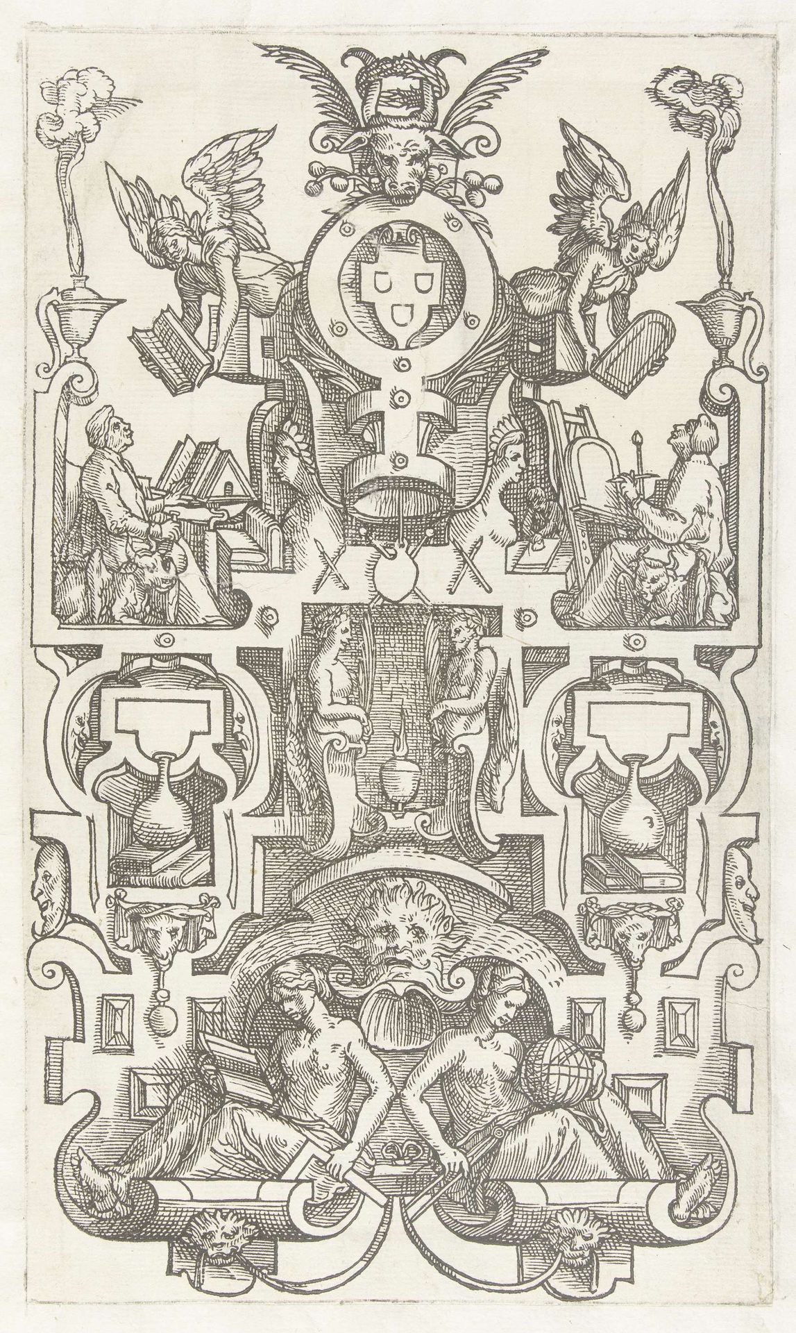 Vlakdecoratie met rolwerk, bovenaan hangt het wapen van het Lukasgilde by Anonymous