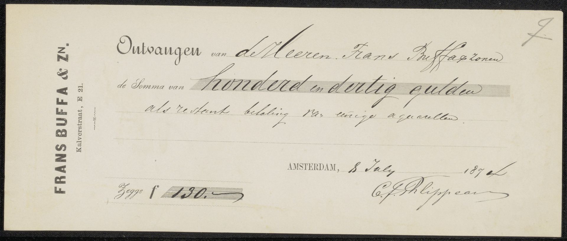Kwitantie voor Karel Frans Philippeau by Frans Buffa en Zonen